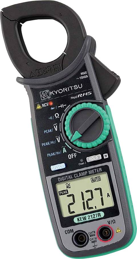 A digital clamp meter displaying '212.7' on its screen, used for measuring electrical current and voltage, with labeled buttons and features.