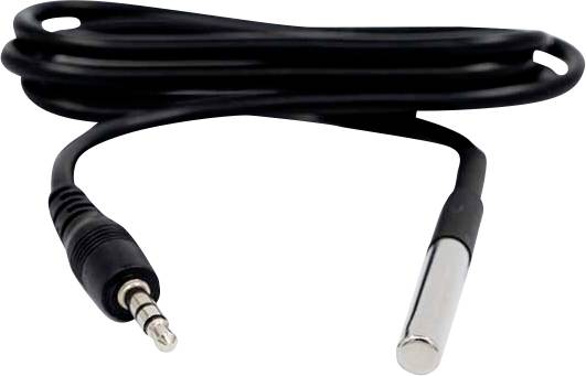 A coiled black cable with a 3.5 mm audio jack on one end and a cylindrical metal sensor on the other end, used for audio or temperature connection.