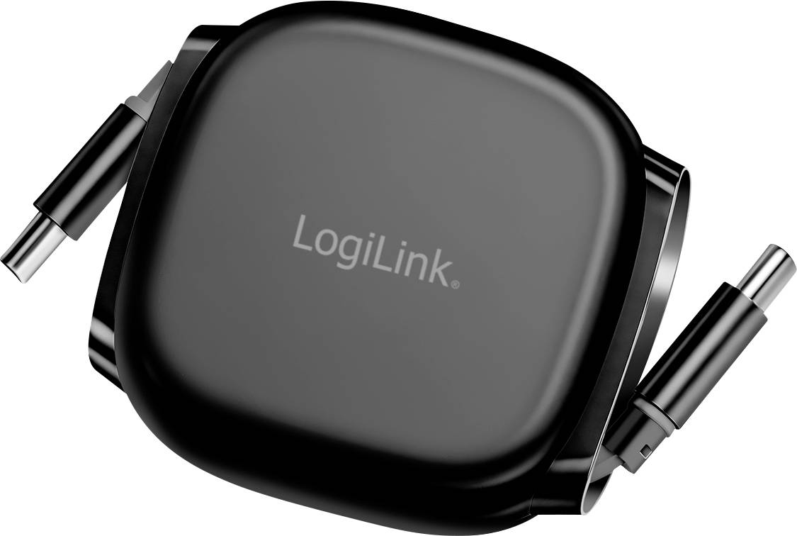 A compact, black LogiLink USB-C charging hub with two retractable cables positioned on either side, suitable for mobile devices.