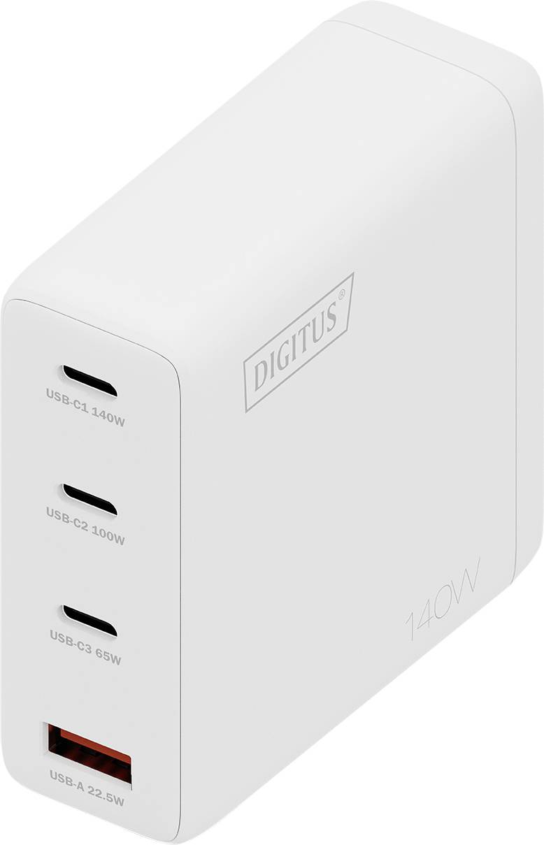 A white charging device labeled 'DIGITUS 140W' features three USB-C ports and one USB-A port with various wattage outputs.