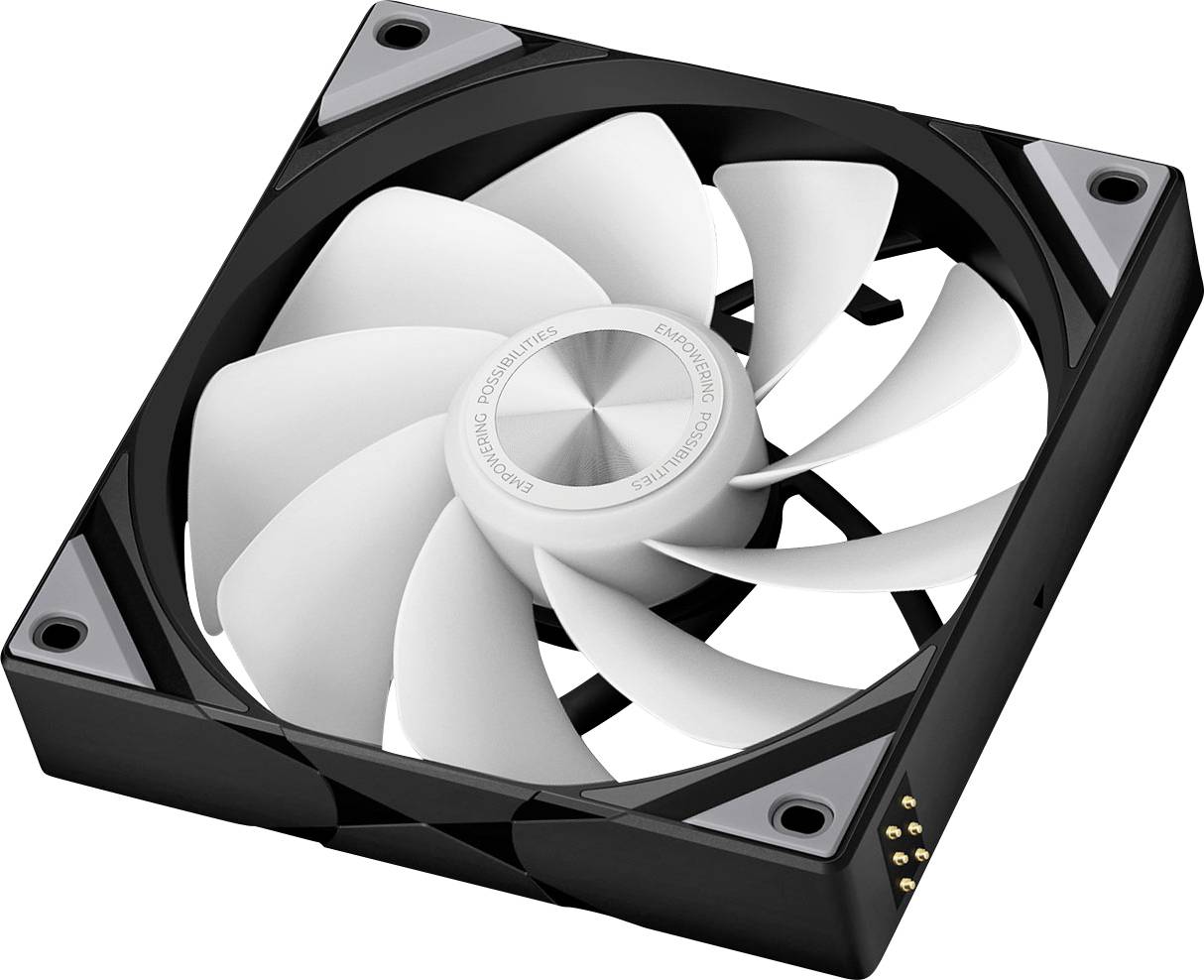 A black computer cooling fan with white blades and a circular center, angled to show connectors at the bottom right corner.