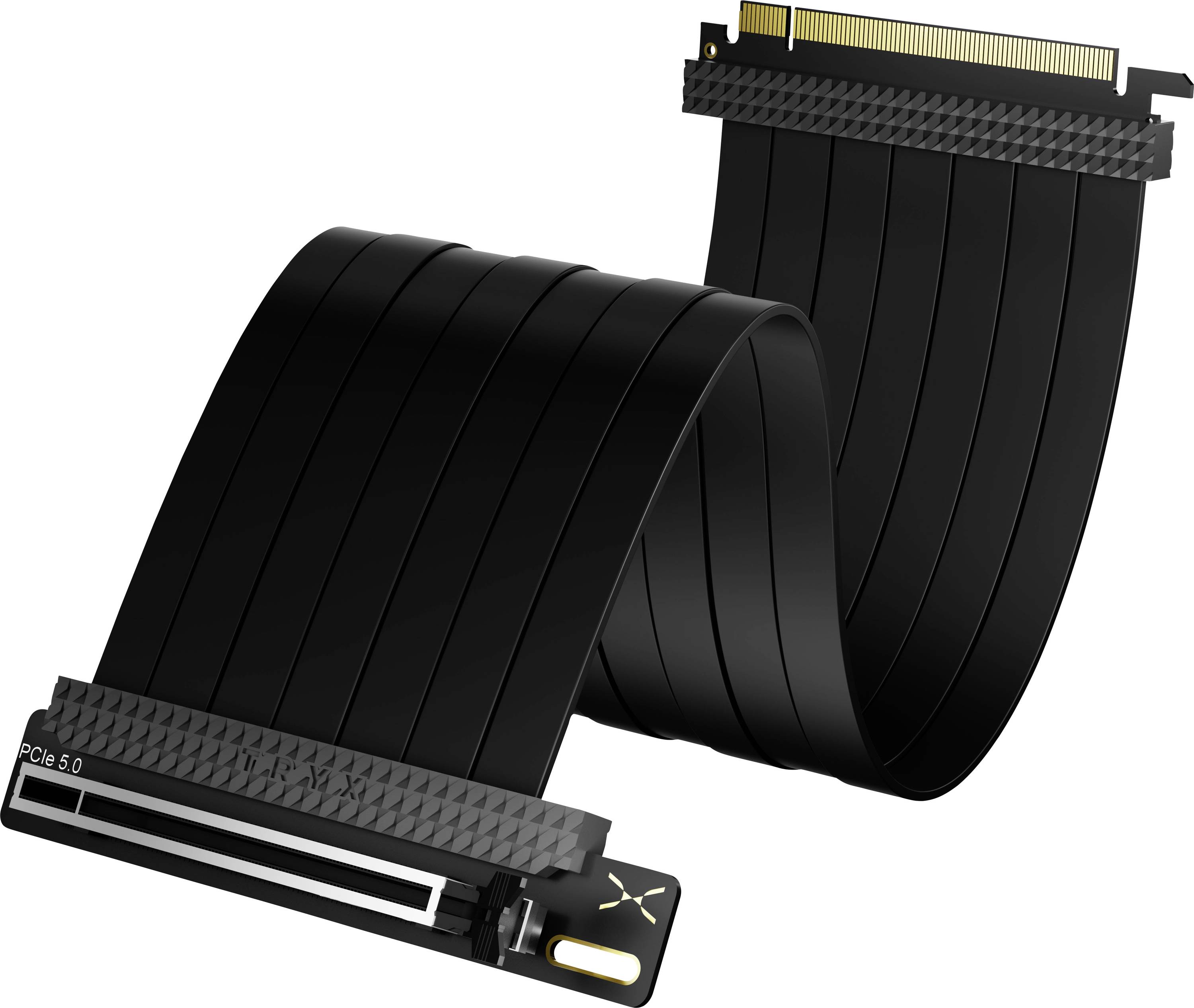 PCIe 5.0 riser cable with black, flexible design, used for extending connections between motherboard and expansion cards.