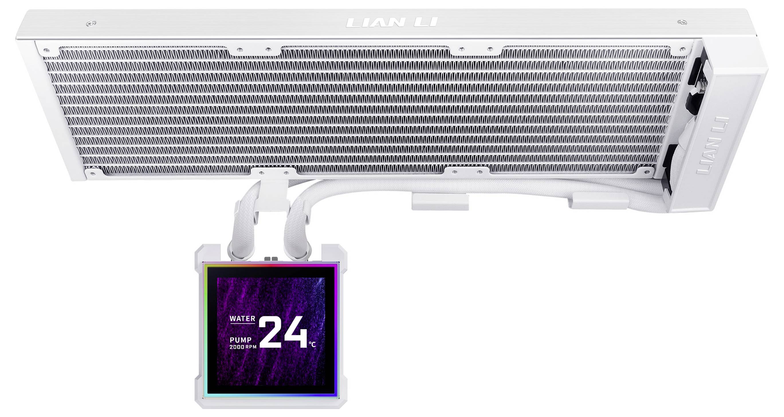 'LIAN LI' white computer cooling radiator with a display showing 'WATER TEMP 24°C' and vibrant colors, featuring a sleek design.