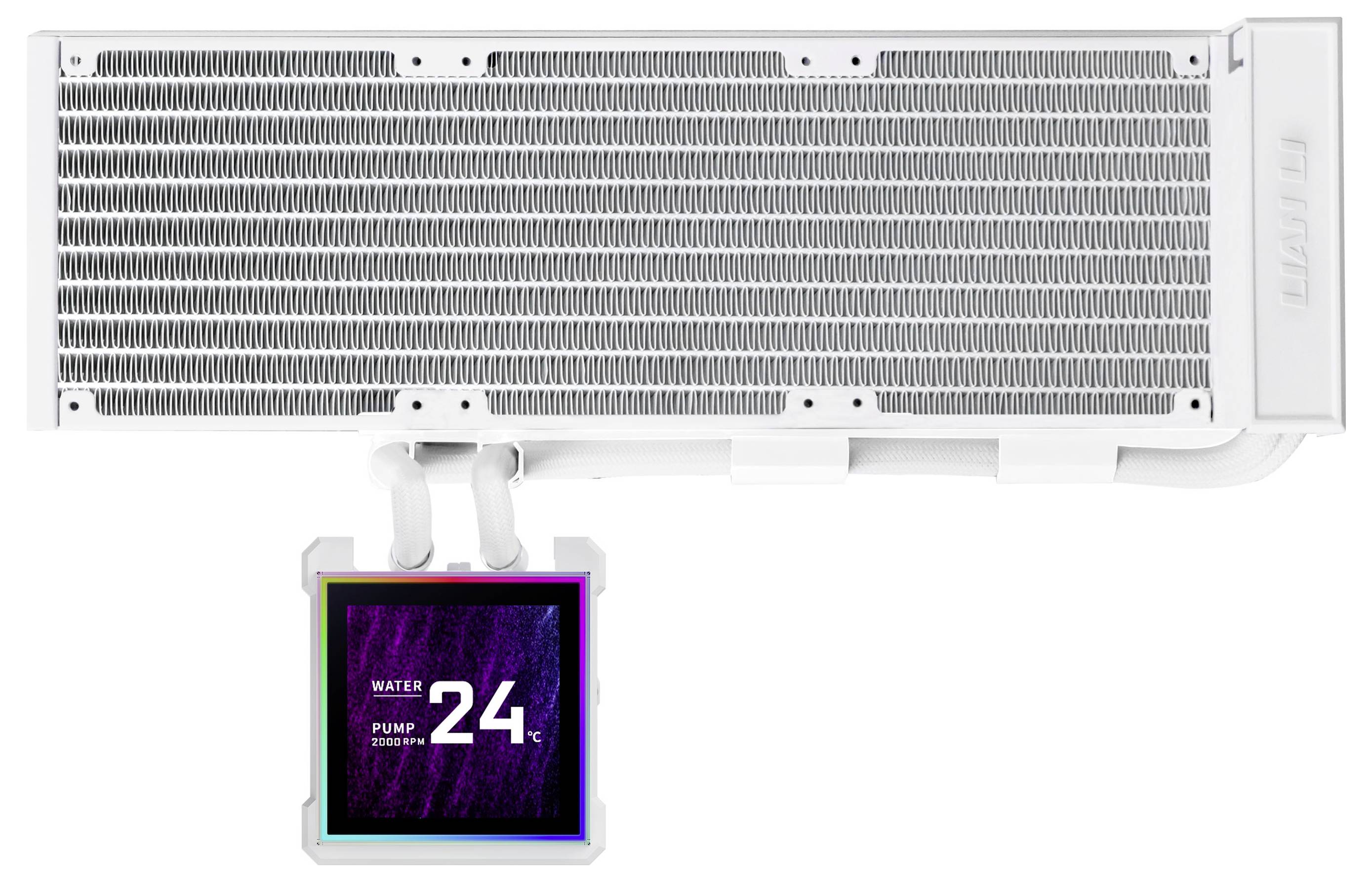 A white computer water cooling radiator with attached pump. A small display shows 'WATER 24°C' and 'PUMP 100%'.