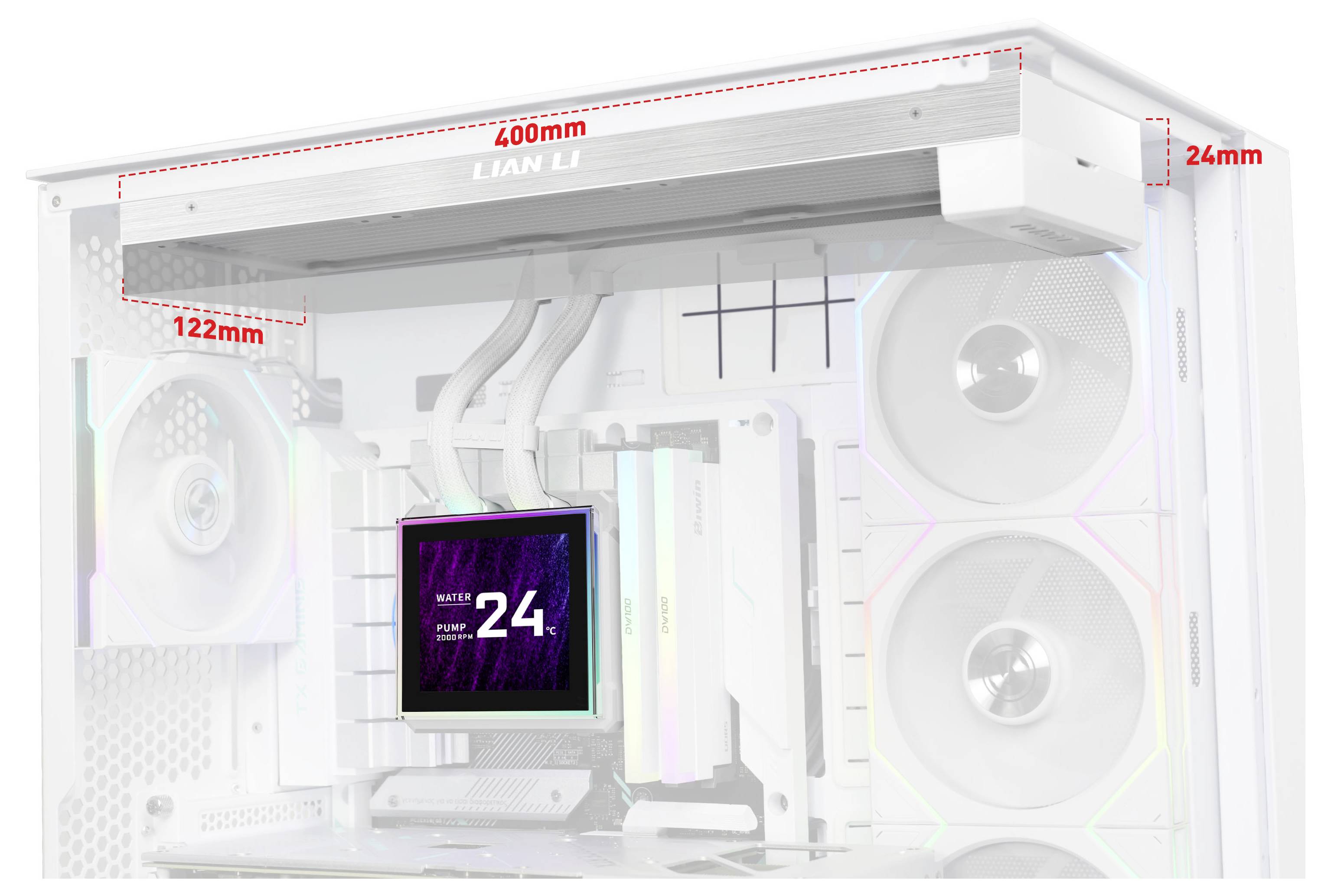 'LIAN LI' white PC case top panel shown, with dimensions: width 400mm, height 24mm, depth 122mm. Interior features visible.
