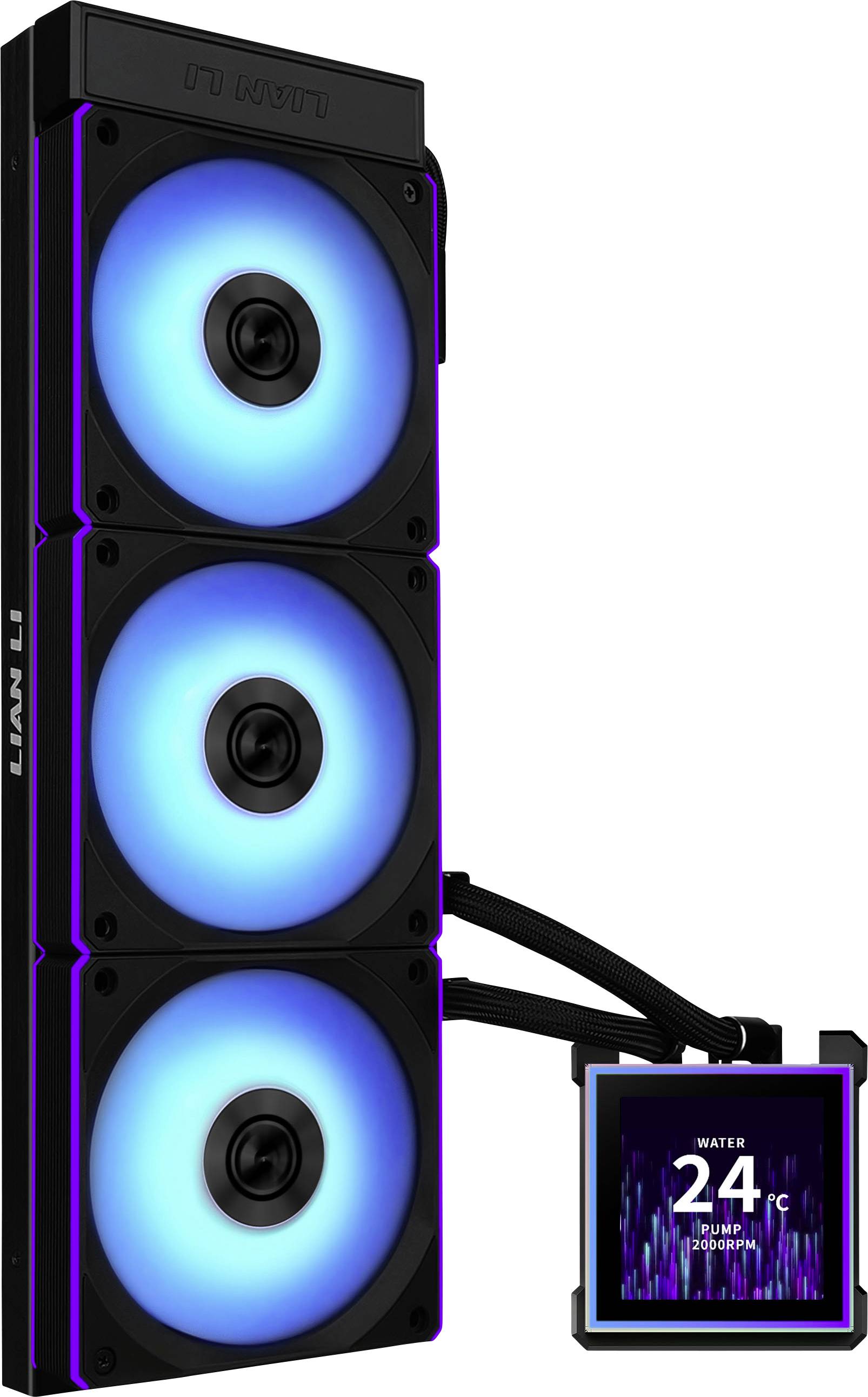 A vertical cooling system with three blue-lit fans, linked by tubes to a display showing '24°C' and 'LIAN LI'.