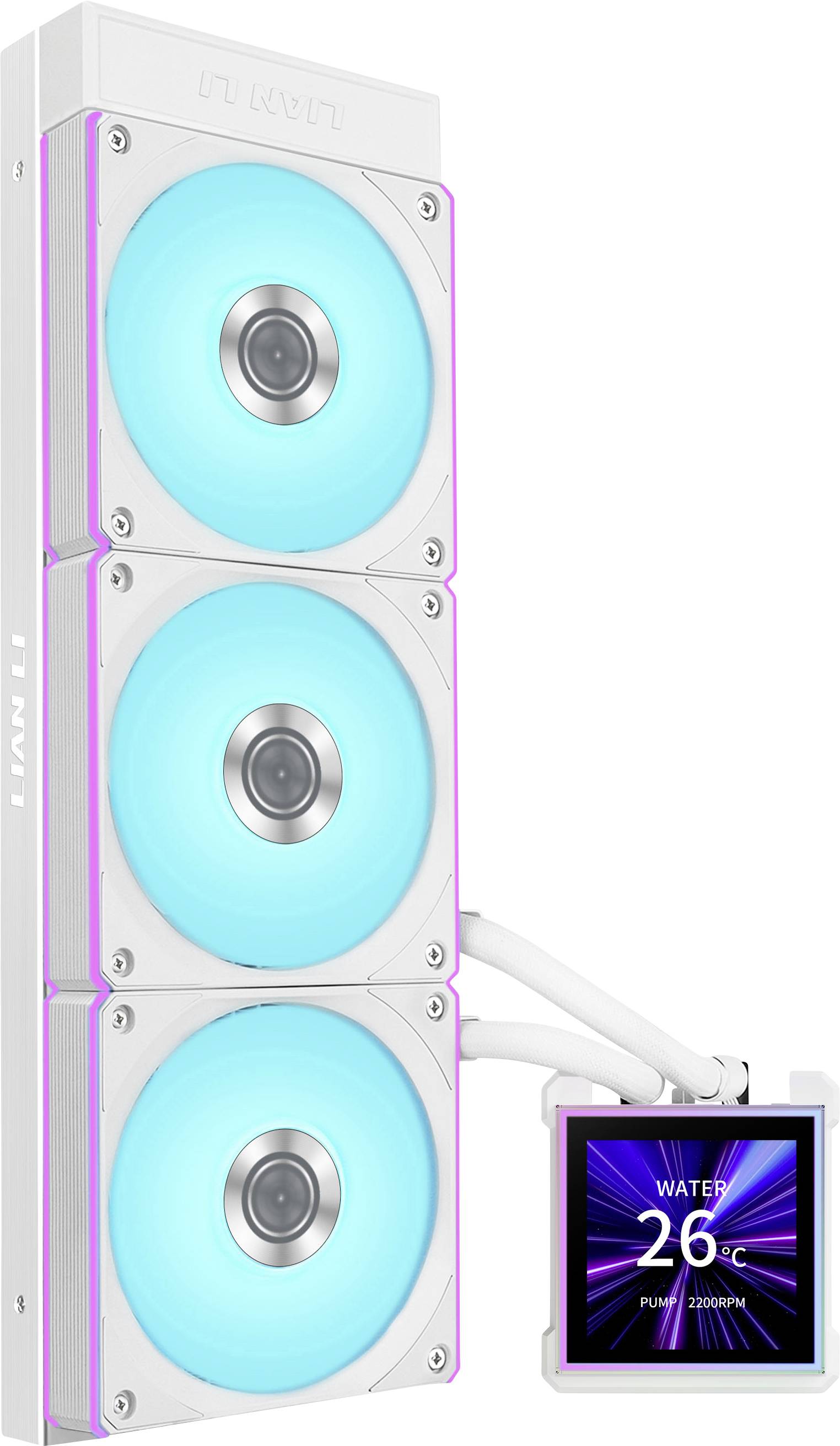 A white computer cooling system with three blue-lit fans and a digital display showing 'WATER 26°C' and fan speed in RPM.