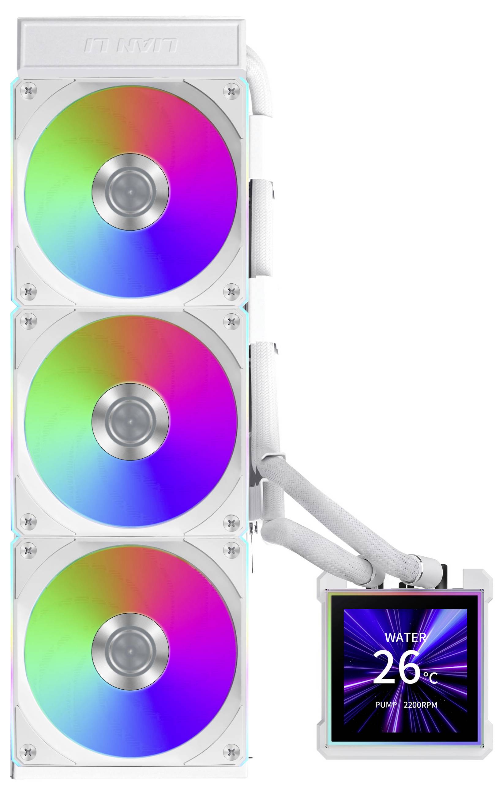 Computer cooling system with three RGB fans and a digital display showing water temperature at 26°C and pump speed at 2200RPM.