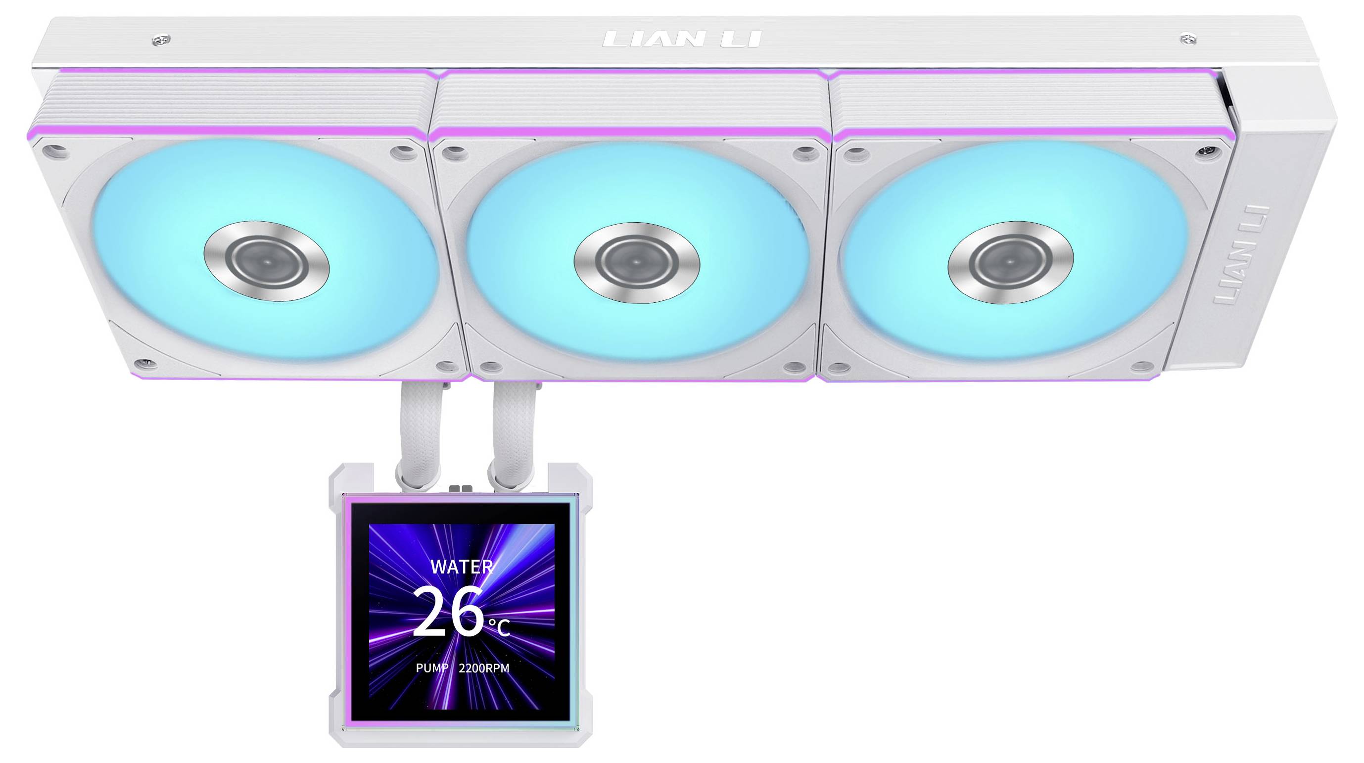 'LIAN LI' white computer cooling system with three light blue fans and a digital display showing 'WATER 26°C FAN 2990RPM'.