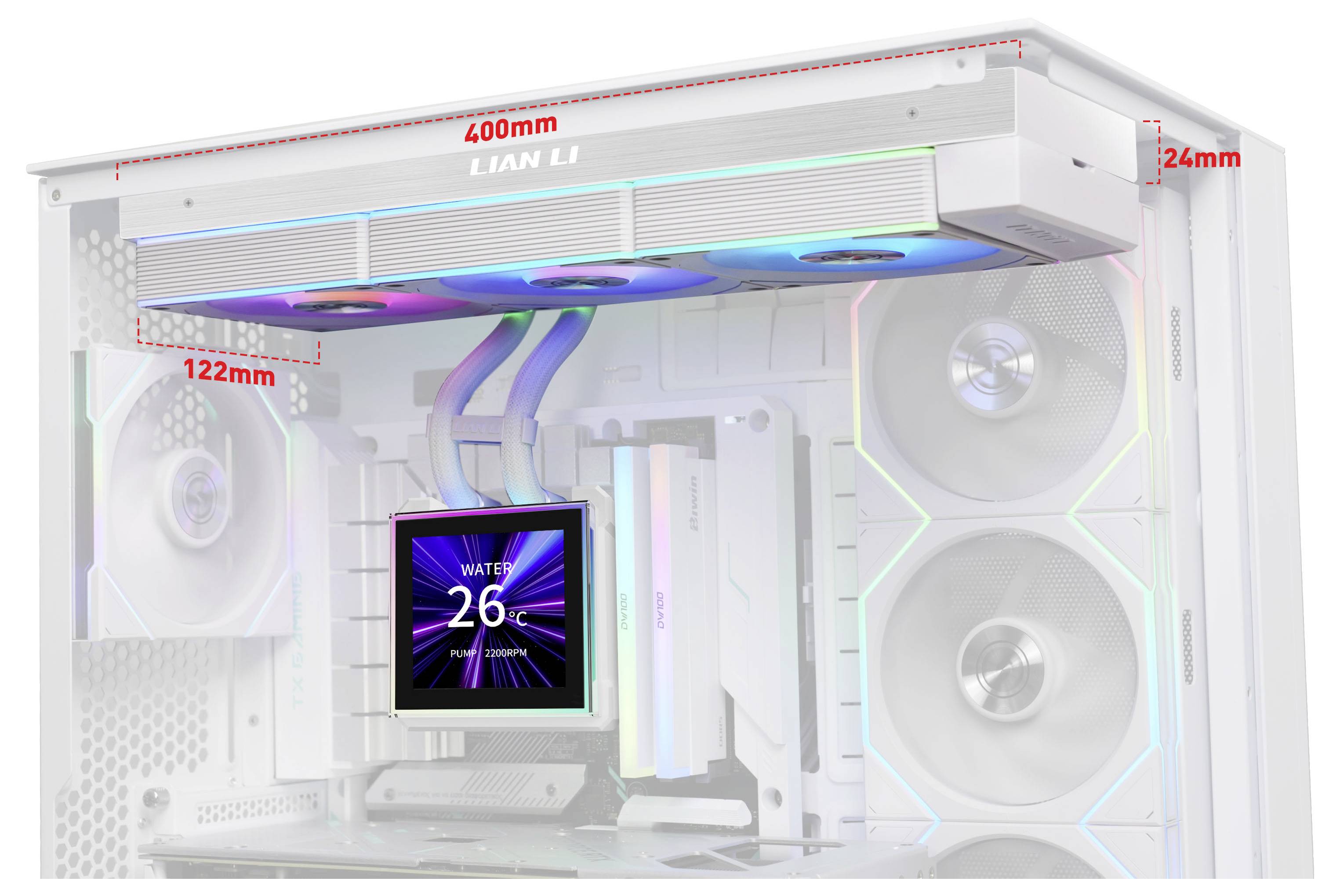 A white computer case with LED fans and a display screen showing 'WATT 26'. Measurements in red: 400mm, 24mm, 122mm.