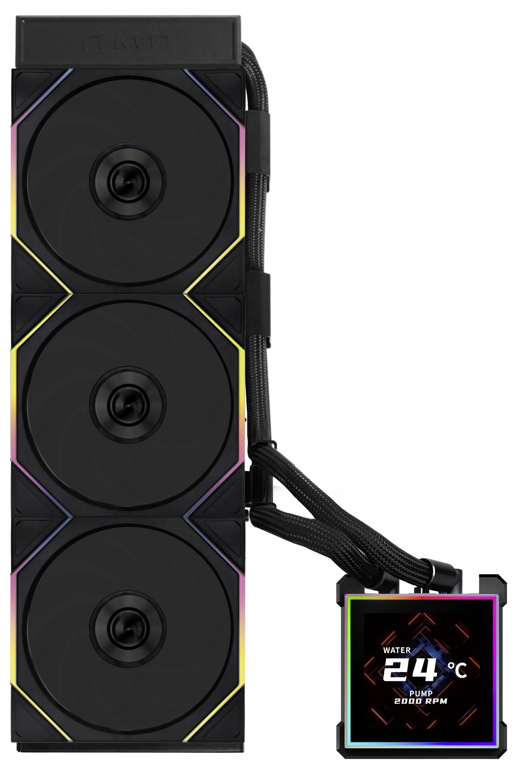 A black cooling system with three large fans and LED lighting. Digital display shows temperature '24°C' and fan speed '2000 RPM'.