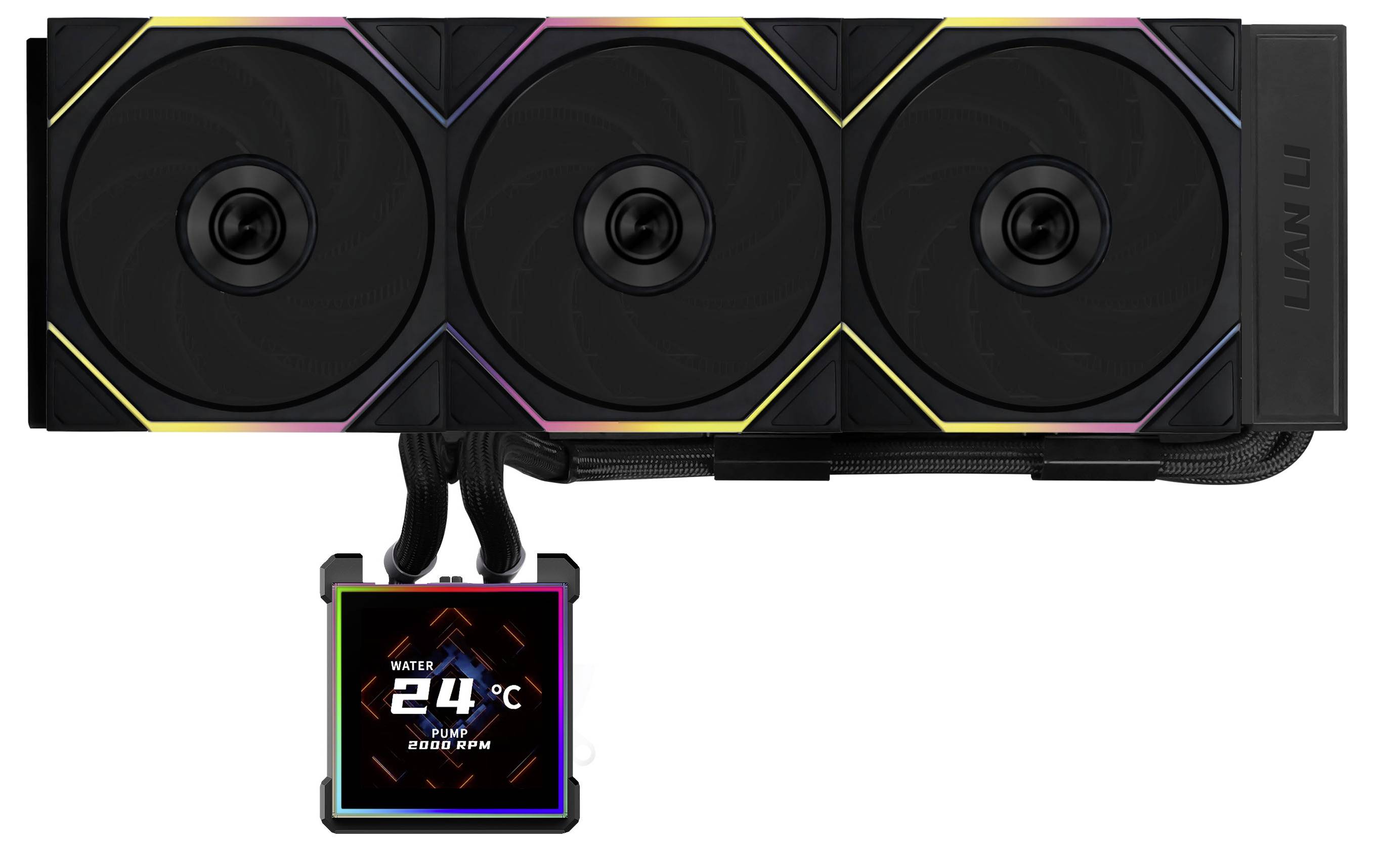 A liquid CPU cooler with three circular fans and an attached digital display showing 'Water 24°C, Pump 2300 RPM', manufactured by Lian Li.
