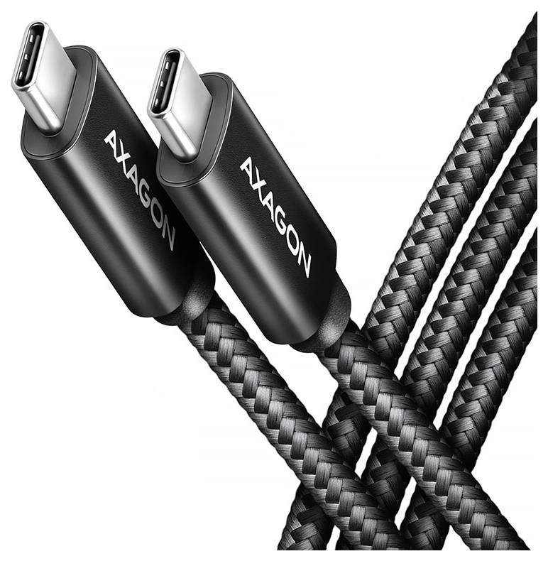Two black USB-C cables with 'AXAGON' branding are intertwined against a white background, showcasing their braided design.