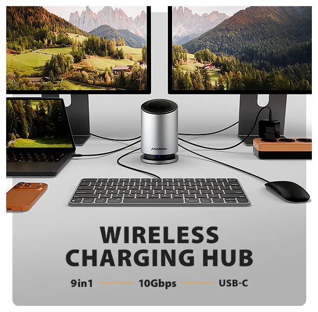 'Wireless Charging Hub' setup with hub, two monitors, laptop, smartphone, keyboard, mouse, and USB-C connectivity featured prominently.
