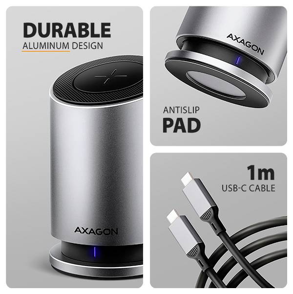 'Durable aluminum design' features a cylindrical metal object with 'AXAGON' branding, anti-slip pad, and a 1m USB-C cable.