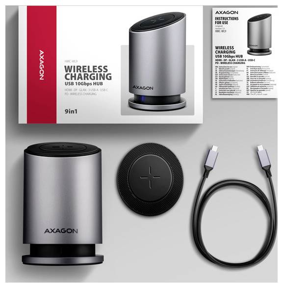 Wireless charging USB hub in silver with packaging, charging pad, and USB-C cable. Labeled 'AXAGON 9in1, 10Gbps, 160W'.