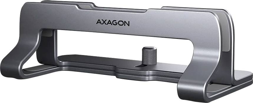 A gray metal laptop stand with adjustable width, labeled 'AXAGON', designed to hold a laptop vertically for efficient space use.