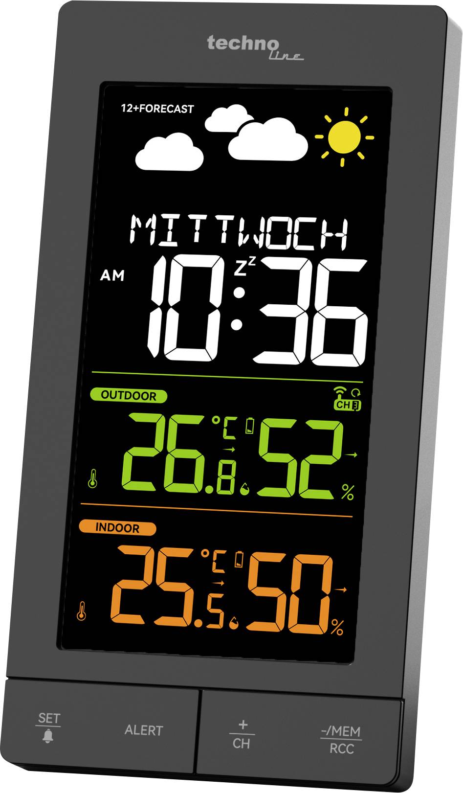 Digital weather station with forecast, day of the week 'WEDNESDAY' and time 10:36; displays outdoor temperature 20.8 °C and 52% as well as indoor temperature 25.5 °C and 50%.