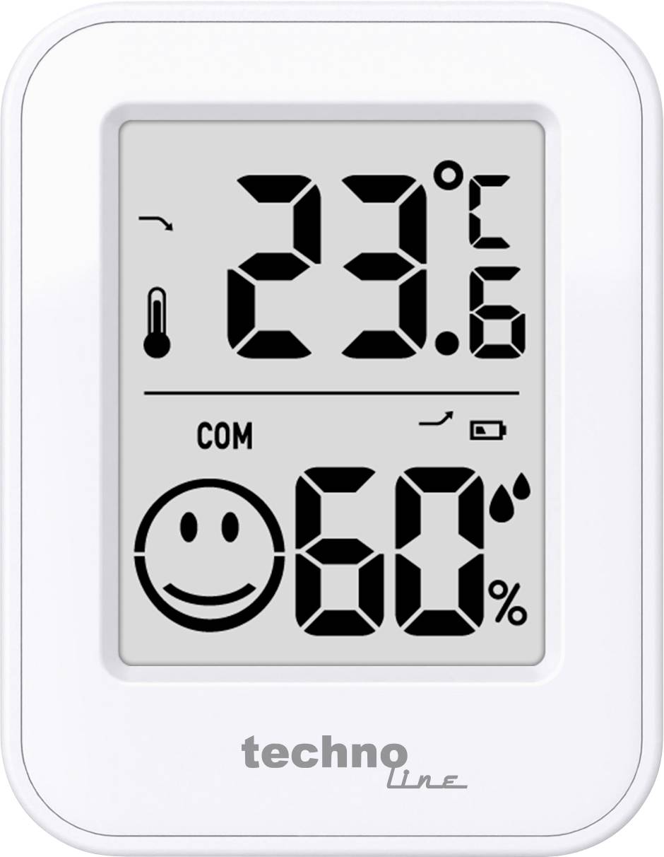 Digital thermometer-hygrometer display showing 23.6°C and 60% humidity, with comfort indicator icons.