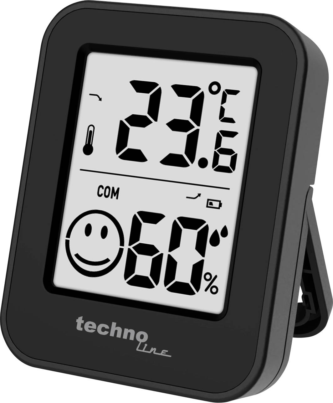 Digital thermo-hygrometer displaying 23.6°C and 60% humidity, with a smiley comfort indicator.