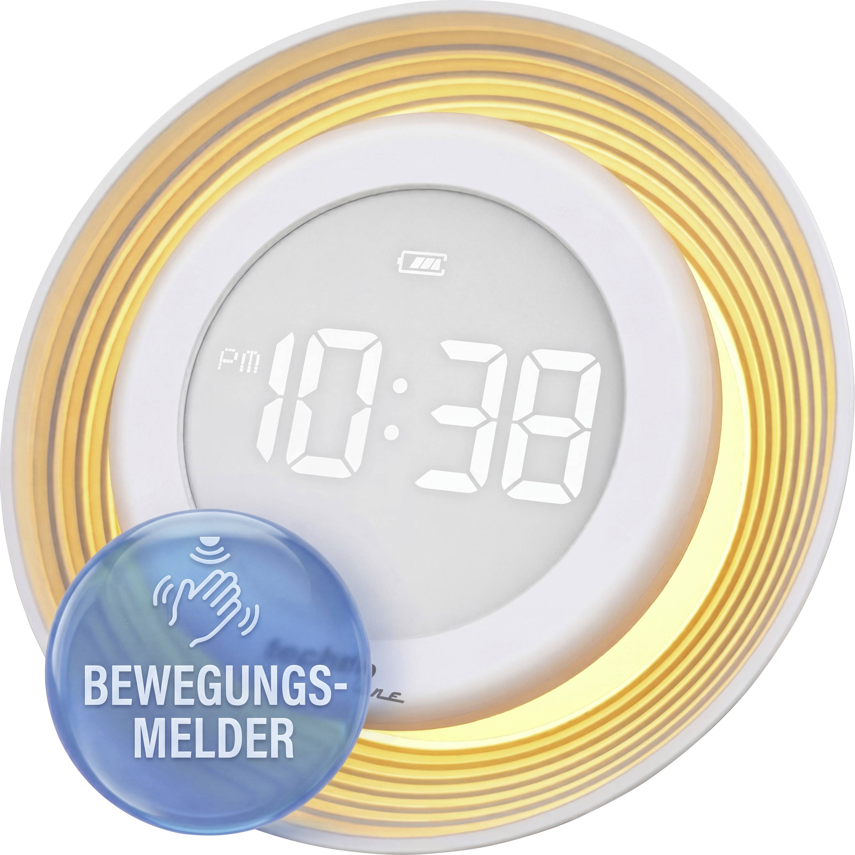 Round wall clock with amber light ring showing 10:38 PM, overlaid with blue badge reading 'BEWEGUNGS-MELDER' and a motion icon.