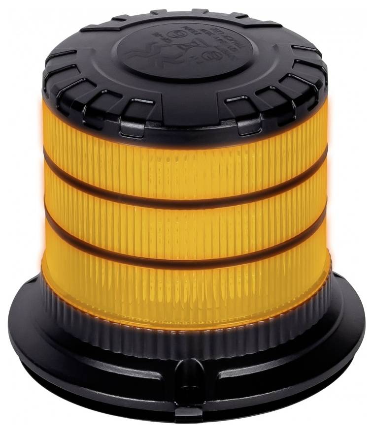 Amber cylindrical warning beacon with black base and textured black top cap, shown isolated on a white background.