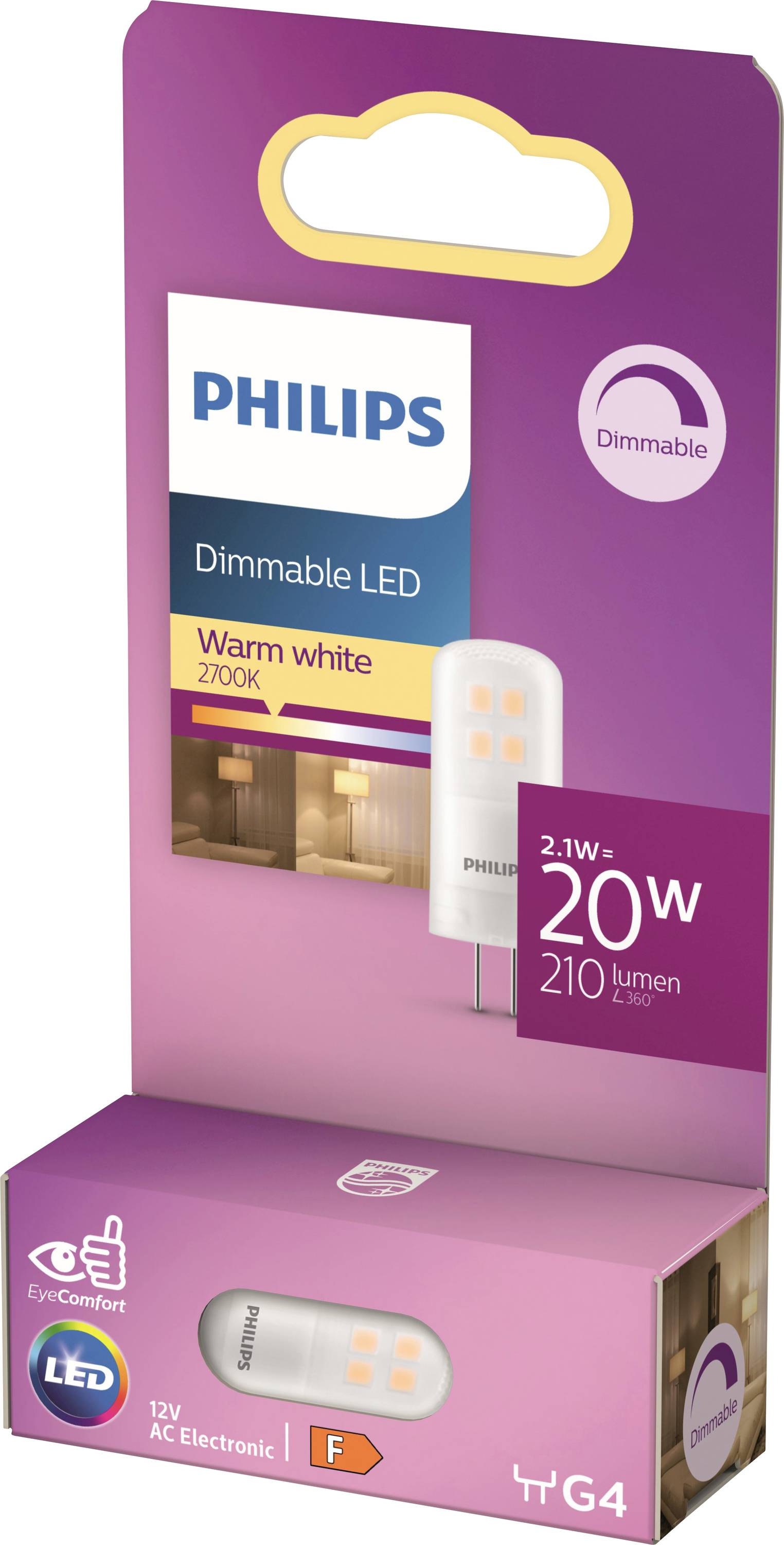 Philips dimmable LED bulb packaging showing a warm white 2700K light, 2.1W equivalent to 20W, 210 lumens, G4 base, for cozy ambiance.