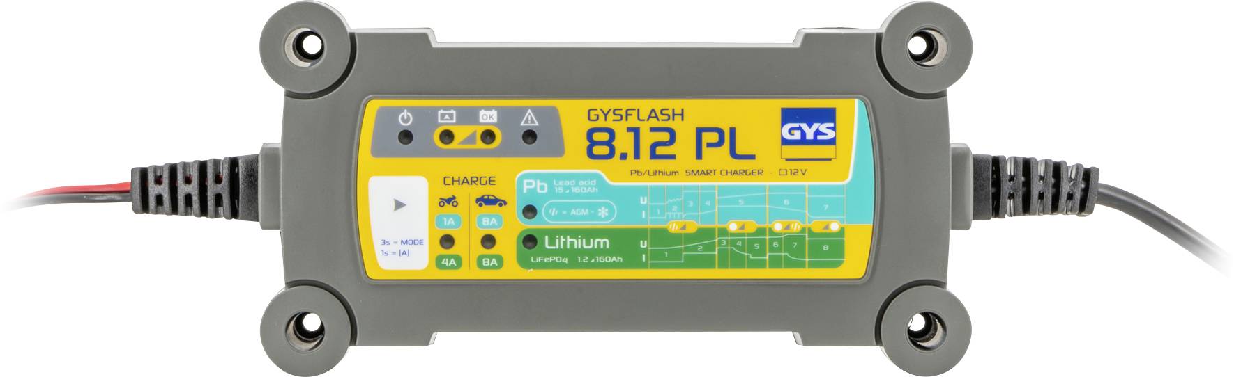 A rectangular, gray battery charger labeled 'GYSFLASH 8.12 PL' with digital readout, LED indicators, and attached cables for charging.