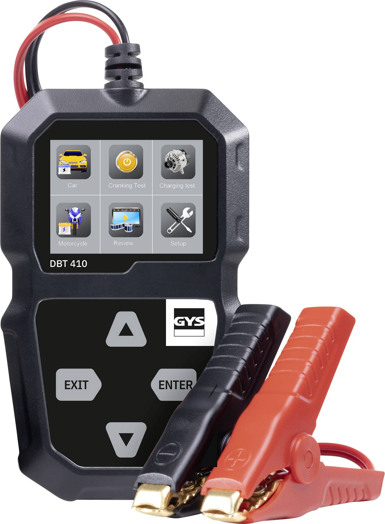Battery tester with digital display showing icons for car, motorcycle, cranking test, charging test, review, and setup. Red and black clamps attached.