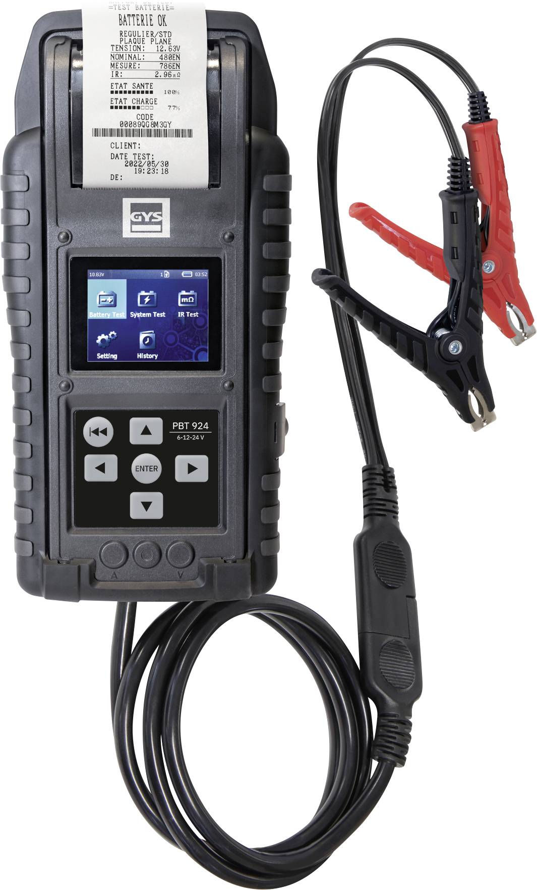A handheld battery tester displays diagnostic results on its screen, connected by cables with alligator clips for vehicle battery analysis.