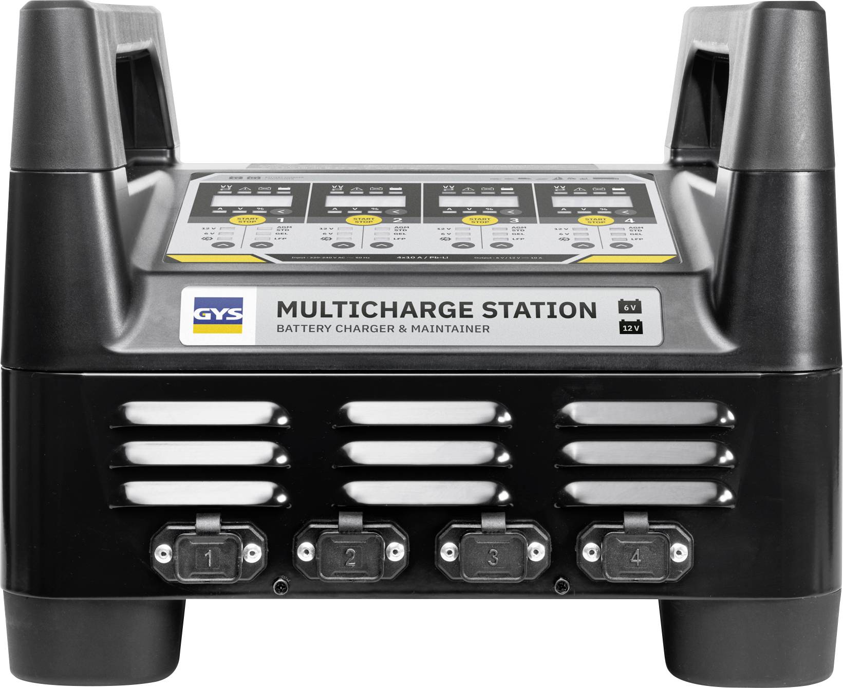 Battery charger with four ports labeled '1', '2', '3', and '4', branded 'GYS MULTICHARGE STATION', used for charging and maintaining batteries.