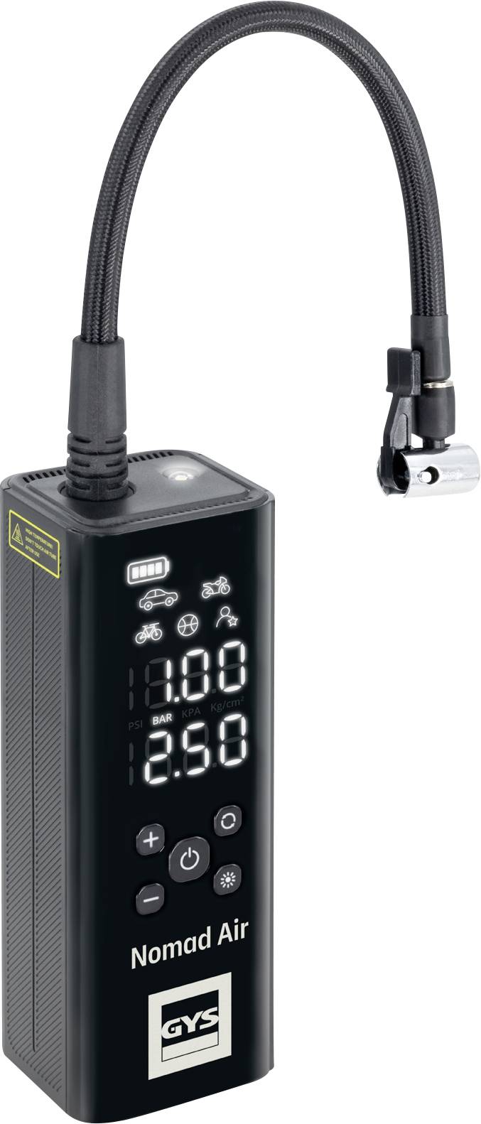 A digital tire inflator with a flexible hose, displaying pressure readings for different vehicles. It's labeled 'Nomad Air' by GYS.