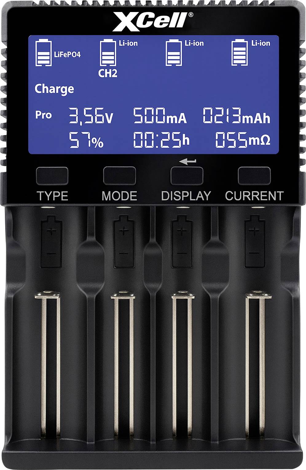 'XCell' battery charger screen showing charge details: 3.56V, 57% charged, 500mA current, 213mAh capacity, 25 minutes remaining, 55mΩ resistance.