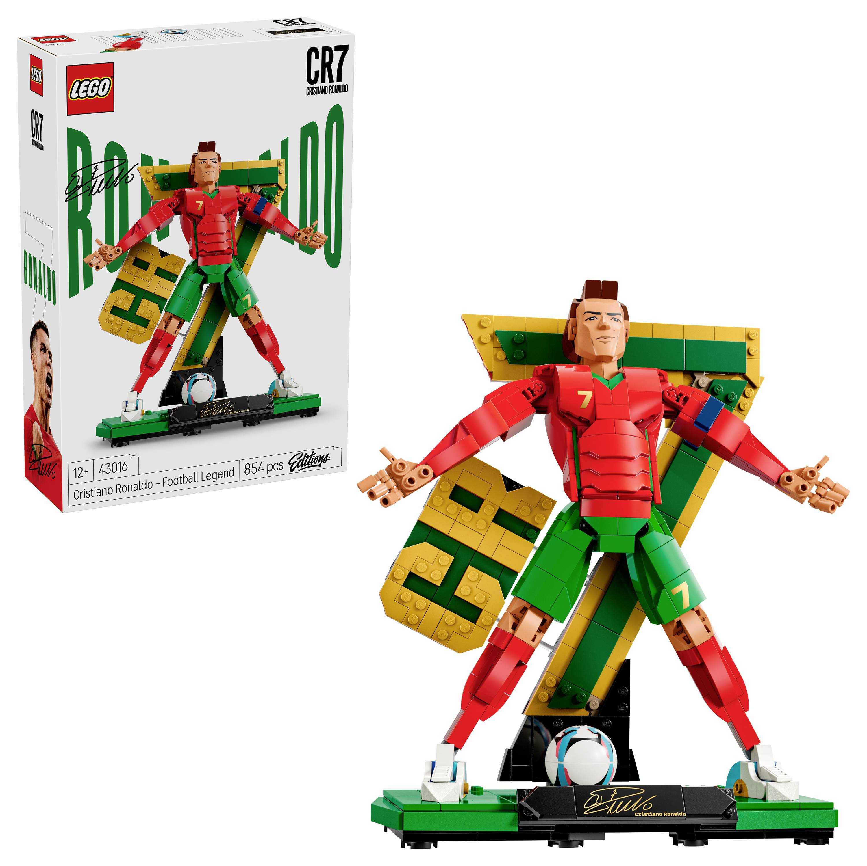 LEGO CR7 'Cristiano Ronaldo – Football Legend' set box and built figure display of a red-and-green Ronaldo minifigure posed with a soccer ball and stand.