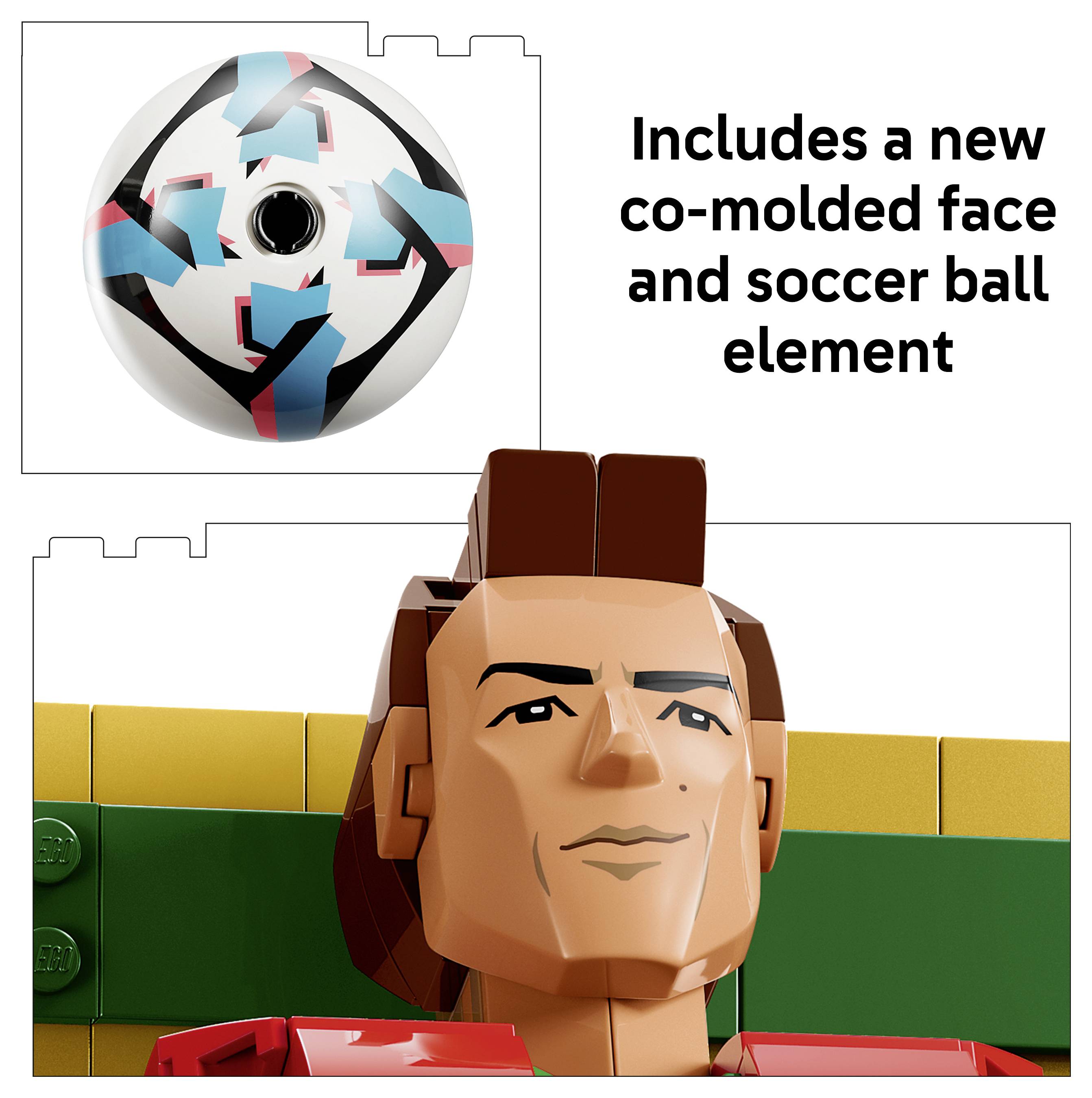 Promotional image showing a new co-molded soccer ball face element above a close-up of a LEGO-style minifigure head and shoulders.