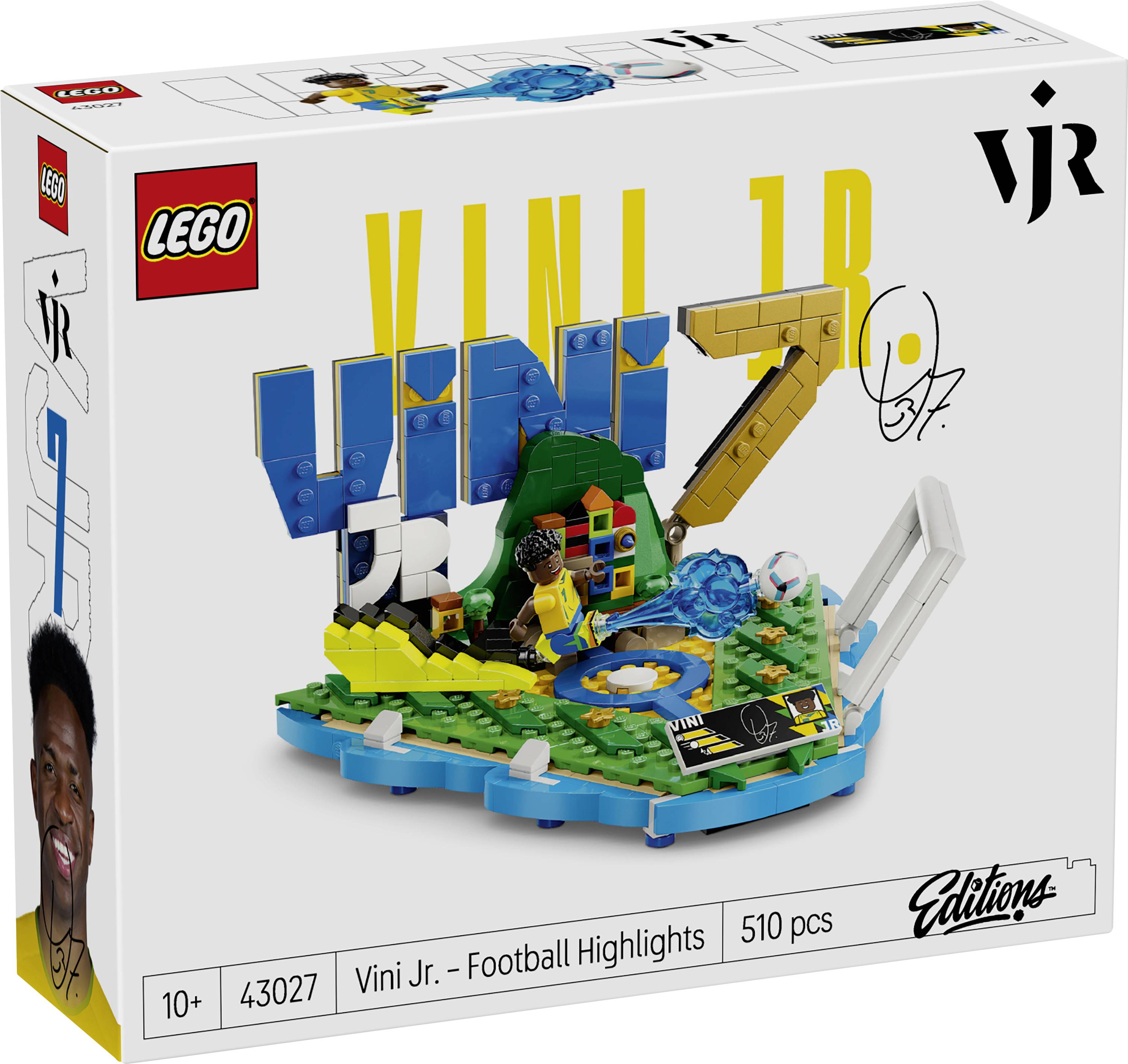 LEGO Vini Jr. Football Highlights set box, 510 pieces, with a build of Vini Jr. on a soccer scene and his signature.