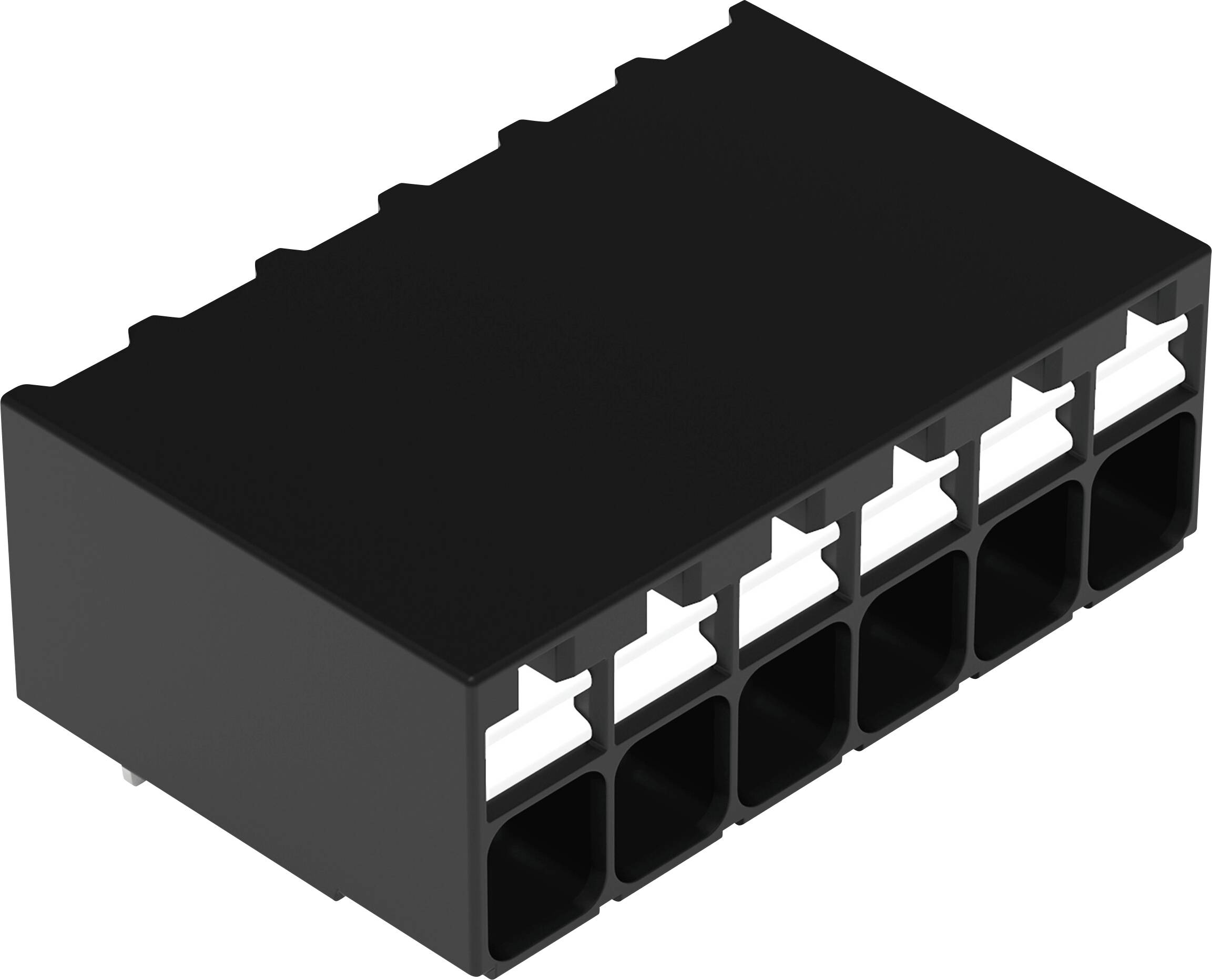 A black rectangular six-port electrical connector with white clips on each port.