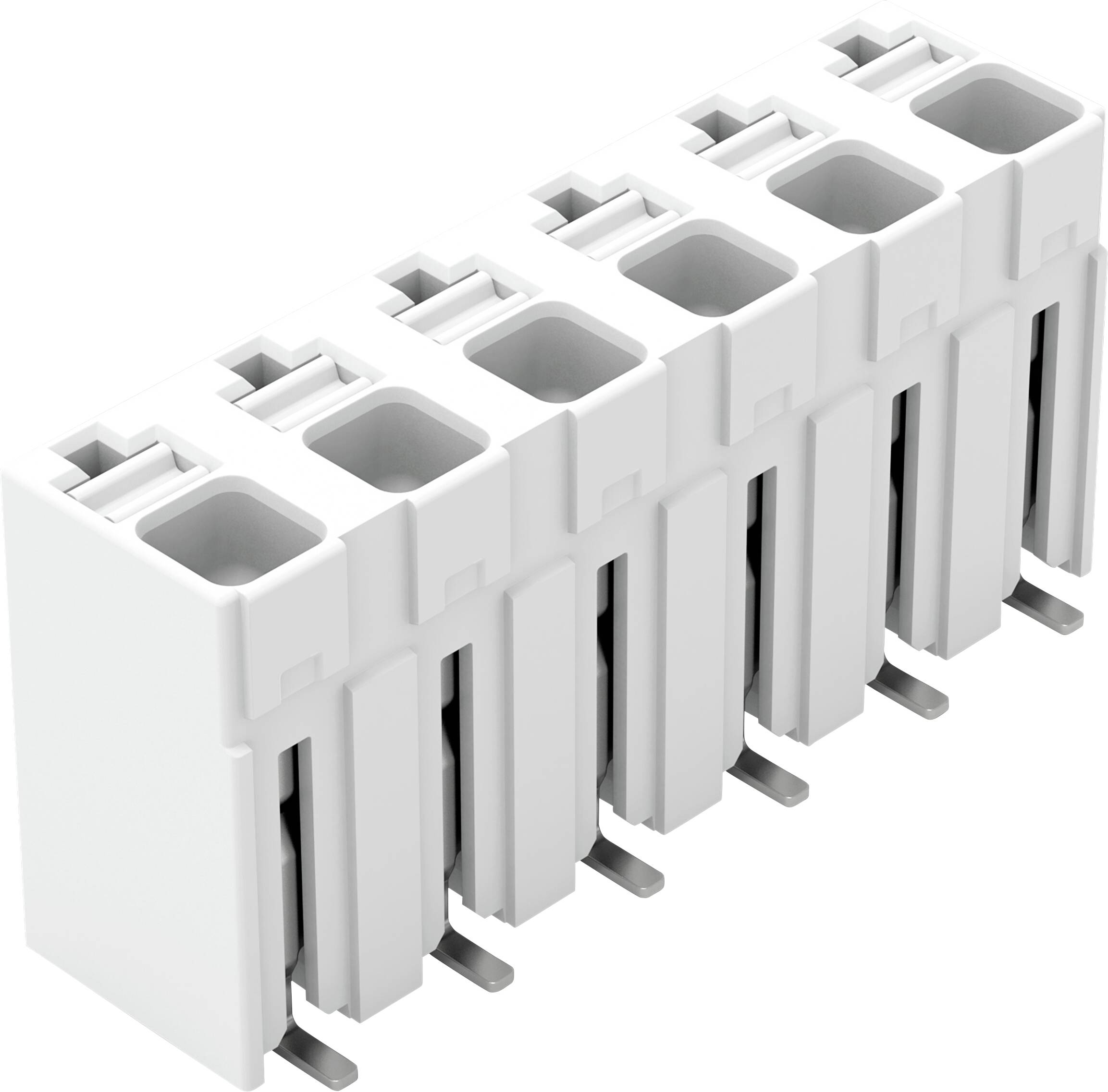 Image of a white multi-pin electrical connector with eight slots, used for connecting electronic components. Rectangular design.