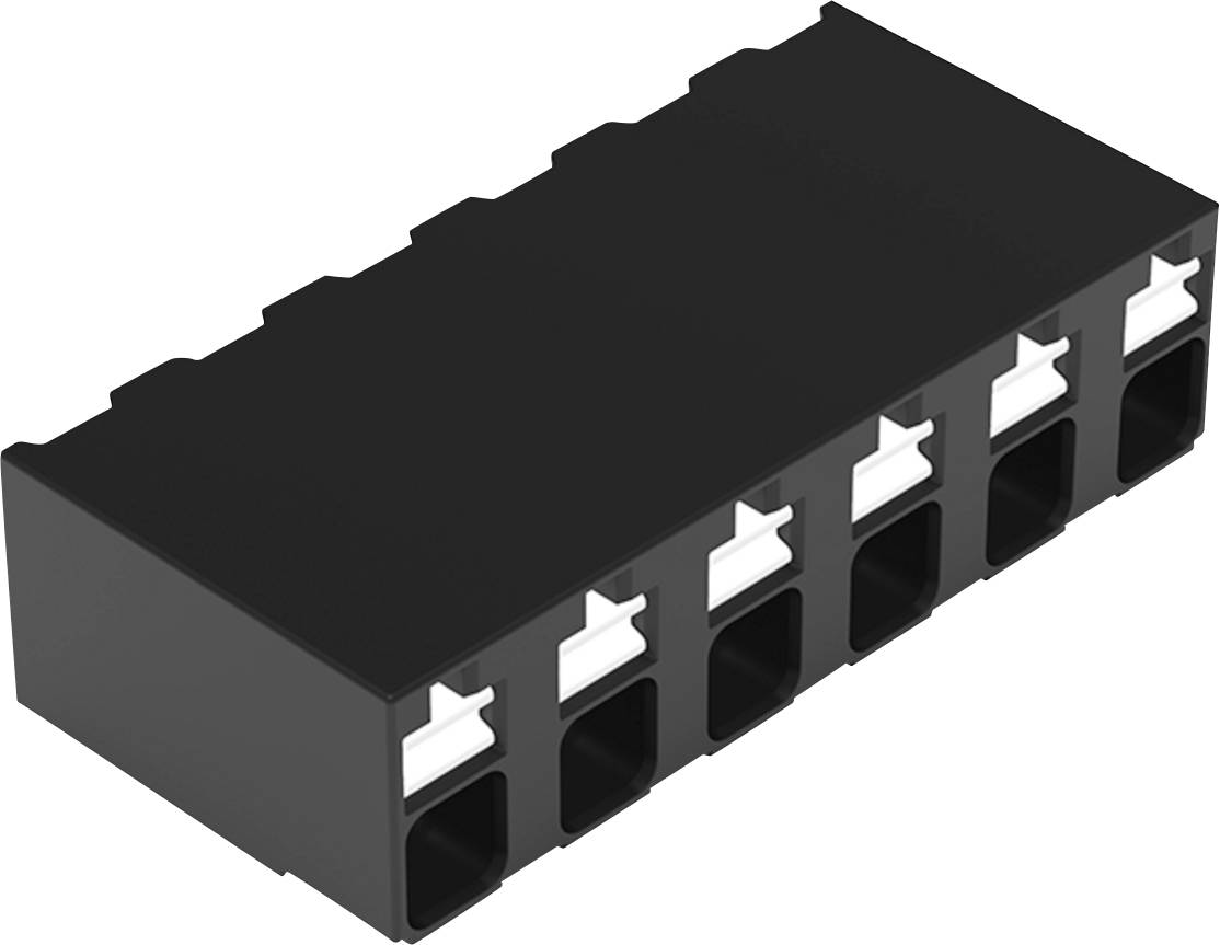 A black electronic connector with six white clips, used for securing wires or cables.