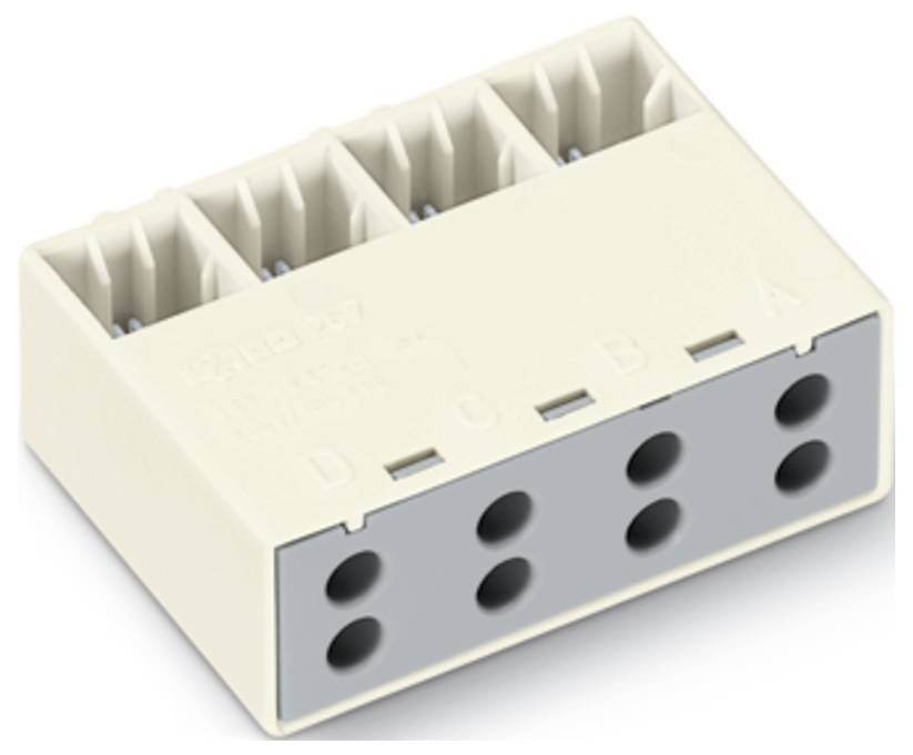 A white six-pin cable connector with labeled slots 'A' to 'F' for wire insertion. Designed for secure electrical connections.