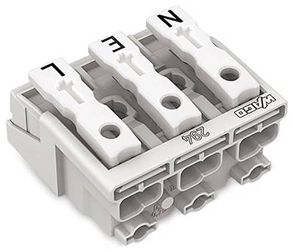 Electrical connector block featuring three labeled terminals: 'L', 'N', and one unmarked. Suitable for wiring and circuit connections.