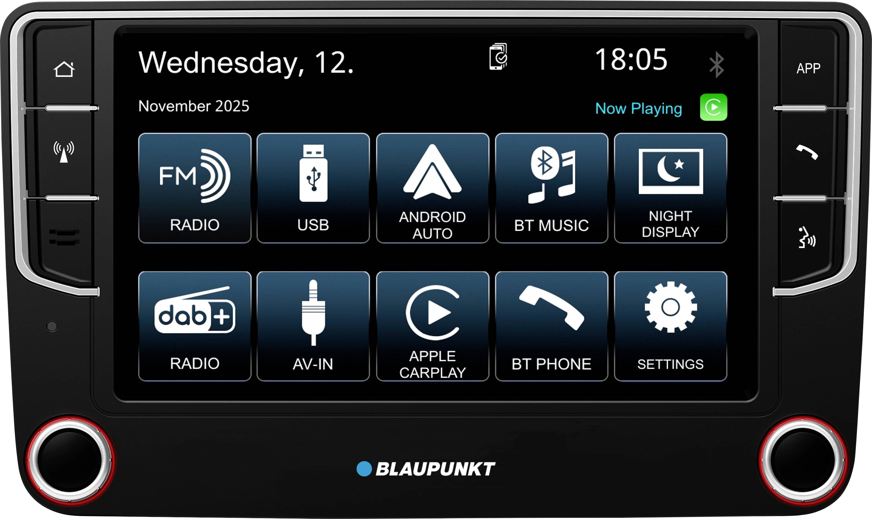 Car stereo display screen showing date, time, and options: FM Radio, USB, Android Auto, BT Music, Night Display, and more.