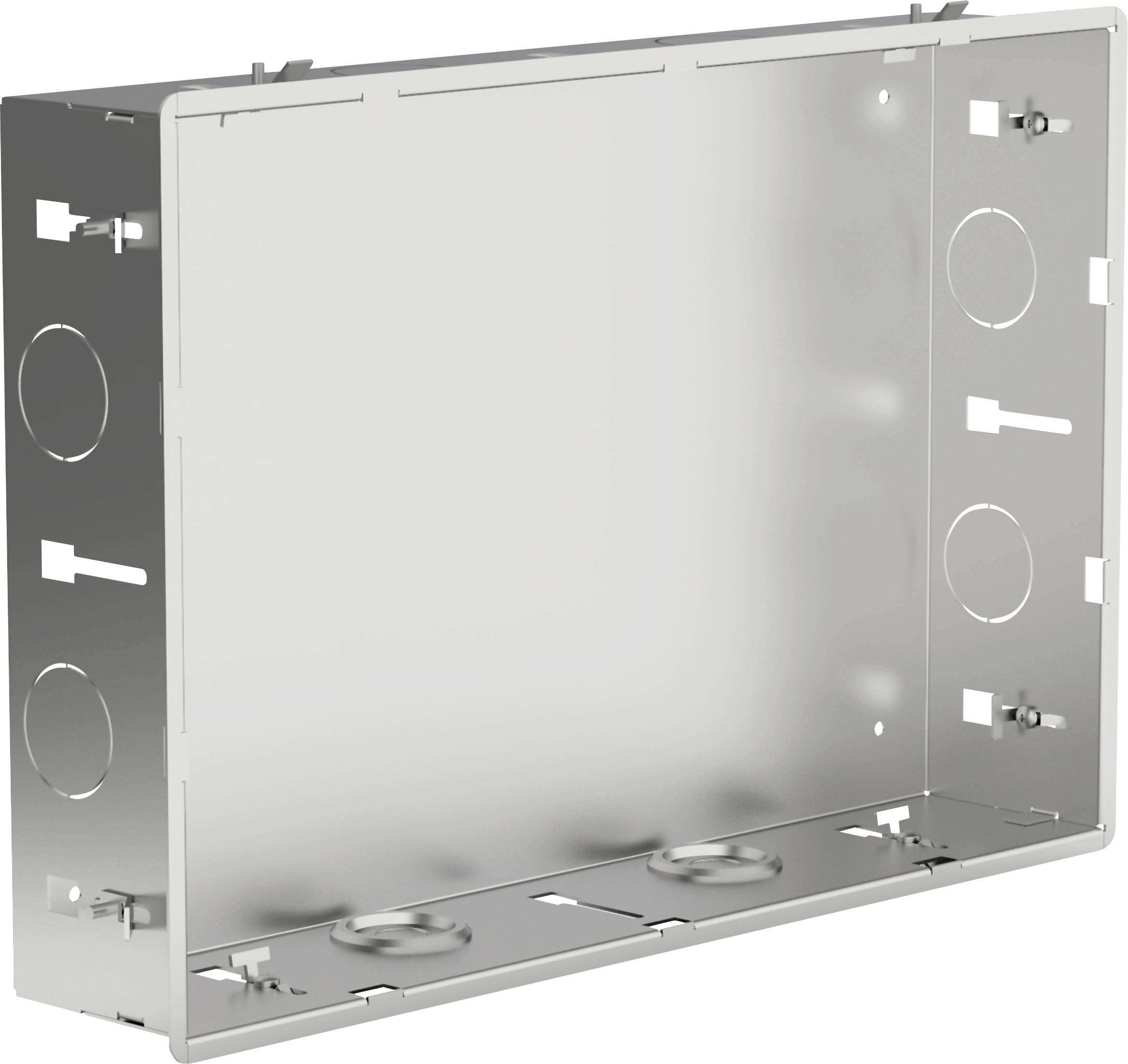 A metal electrical junction box with multiple circular knockouts for wiring access, designed for securing electrical components.