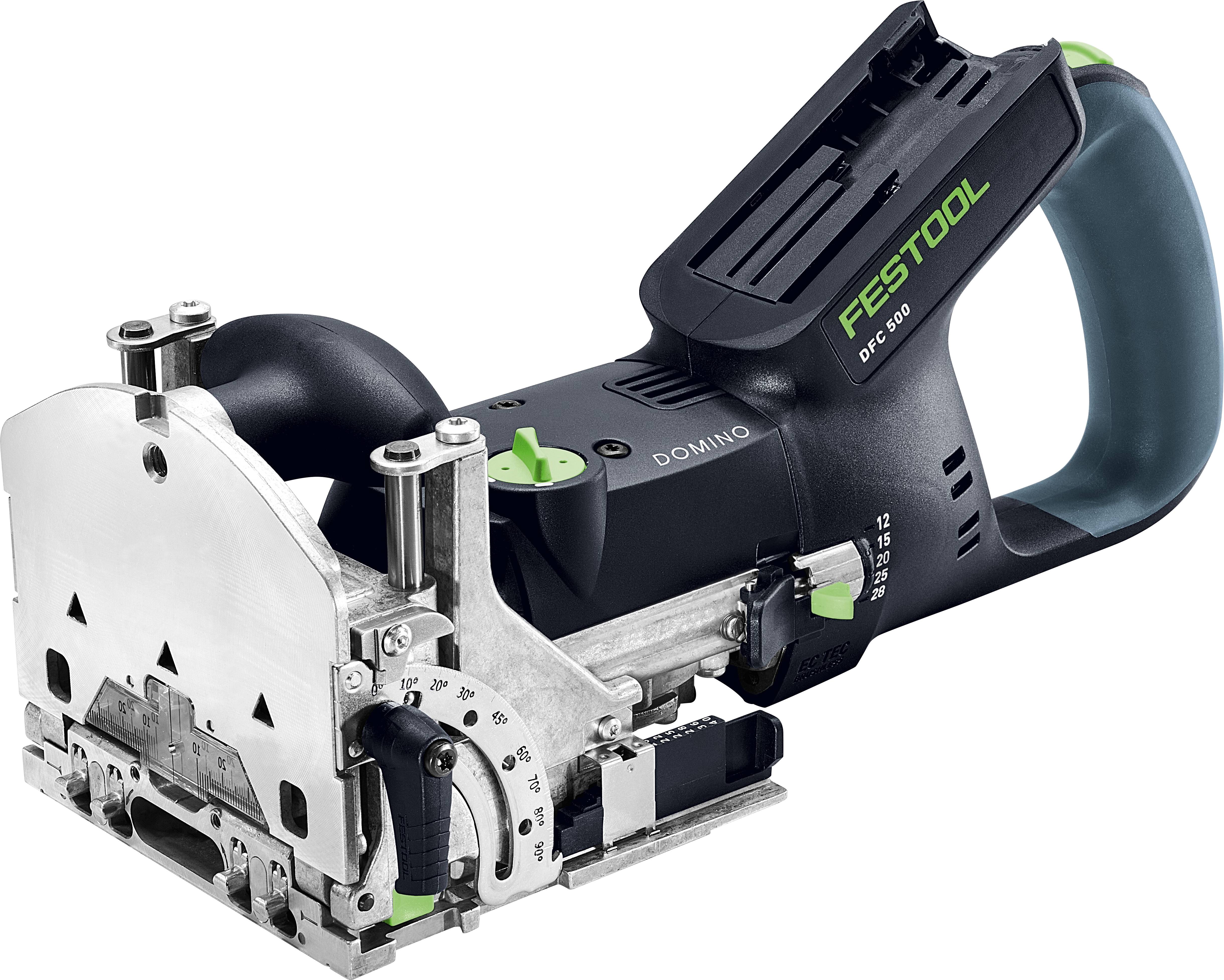 The image shows a Festool Domino DF 500, a precision power tool used for making joinery in woodworking, featuring a silver metal faceplate and ergonomic handle.