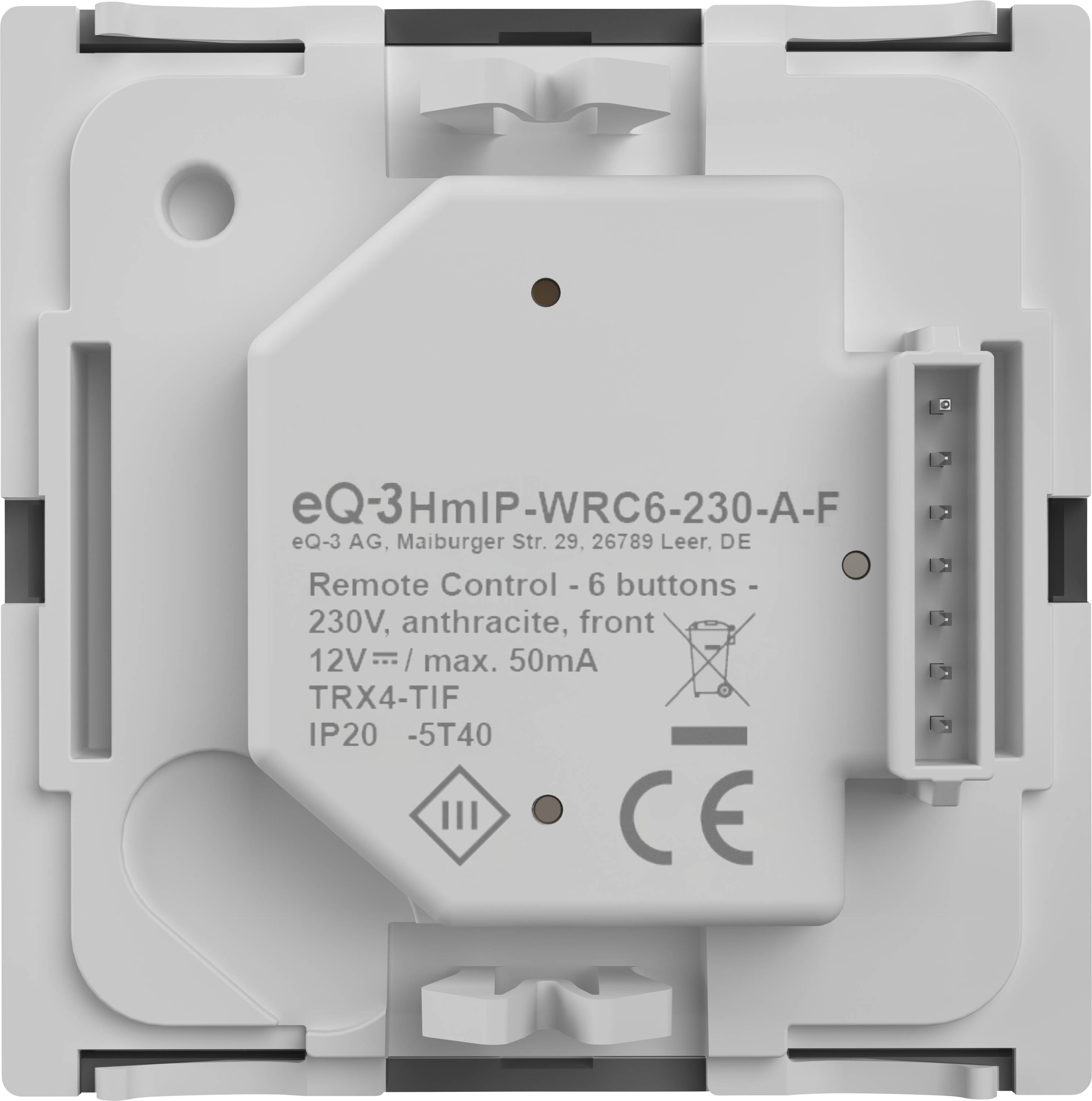 'Remote Control - 6 buttons - 230V, anthracite, front' printed on a white electrical device part with various symbols and certifications.