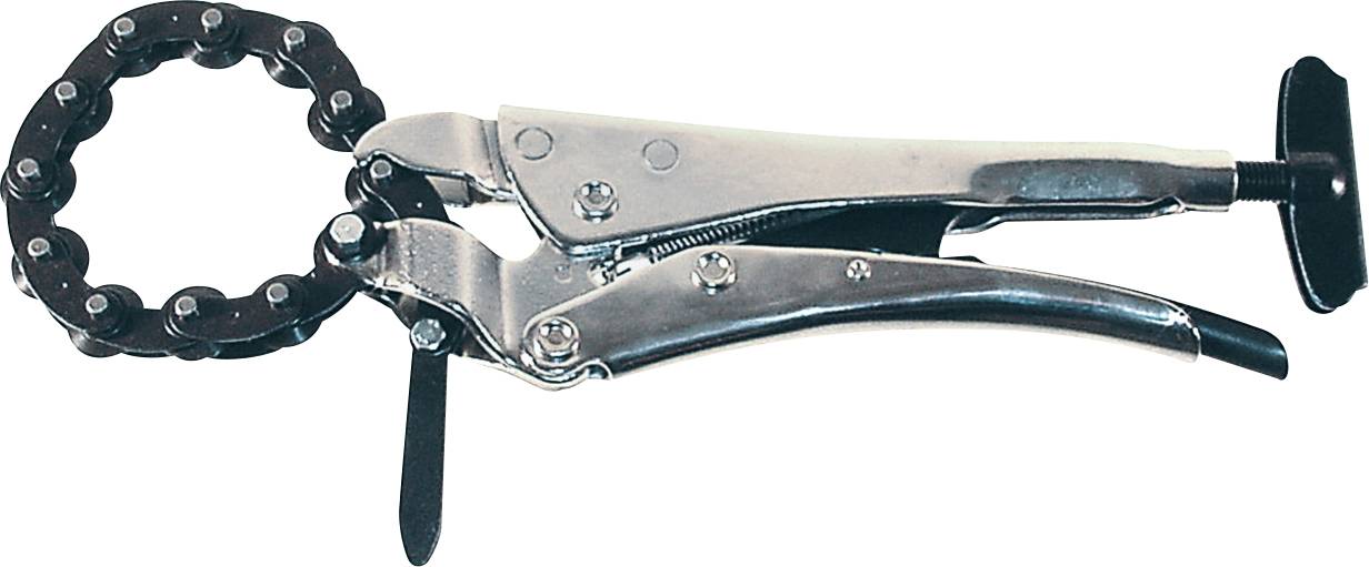 A metal chain wrench with a circular chain and adjustable handle, used for gripping and turning pipes or other cylindrical objects.
