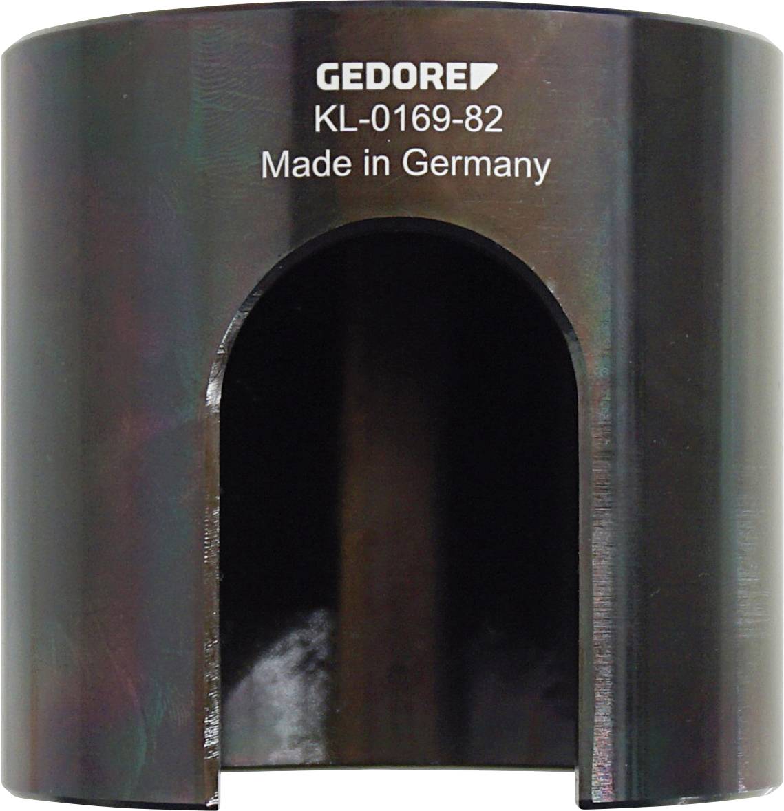 A cylindrical black socket with a side cut-out, labeled 'GEDORE KL-0169-82 Made in Germany'. Used for tightening or loosening.