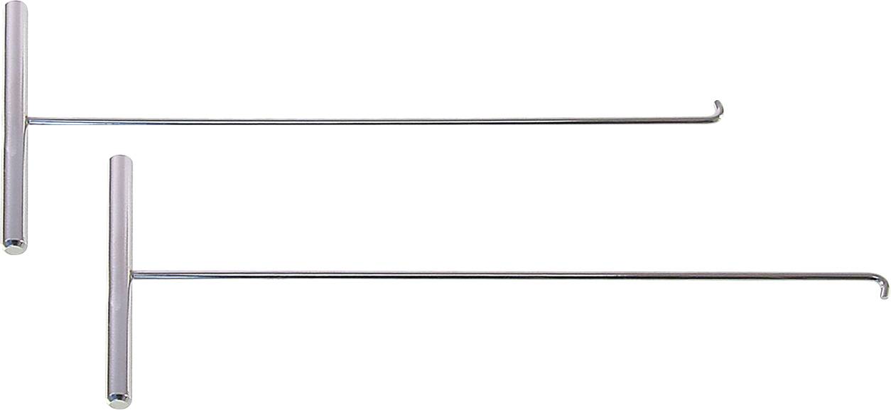 Two metal tire repair tools with T-shaped handles and long rods, each ending in a hook. Used for inserting repair plugs into tires.
