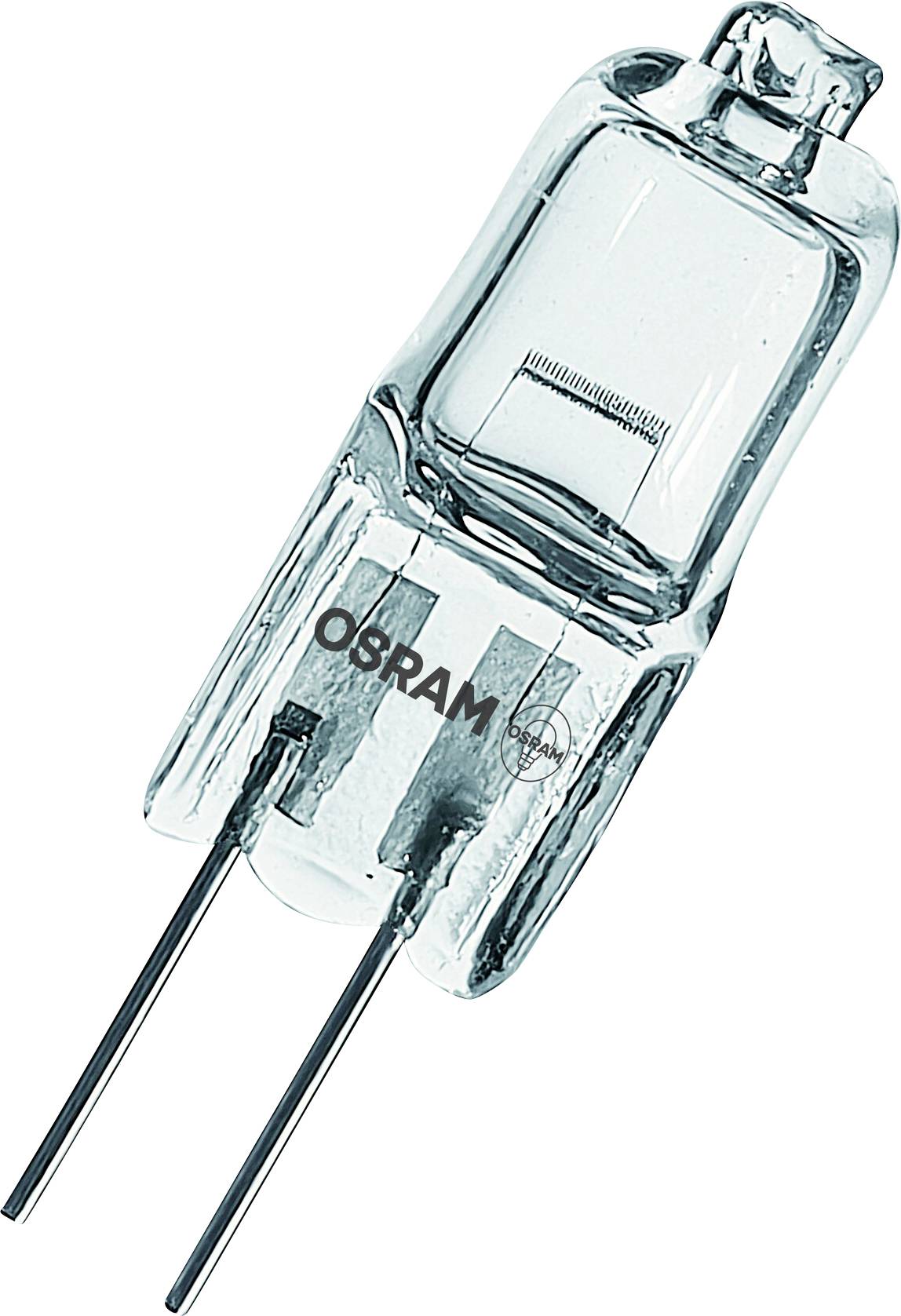 A clear halogen bulb with two metal prongs, labeled 'OSRAM'.
