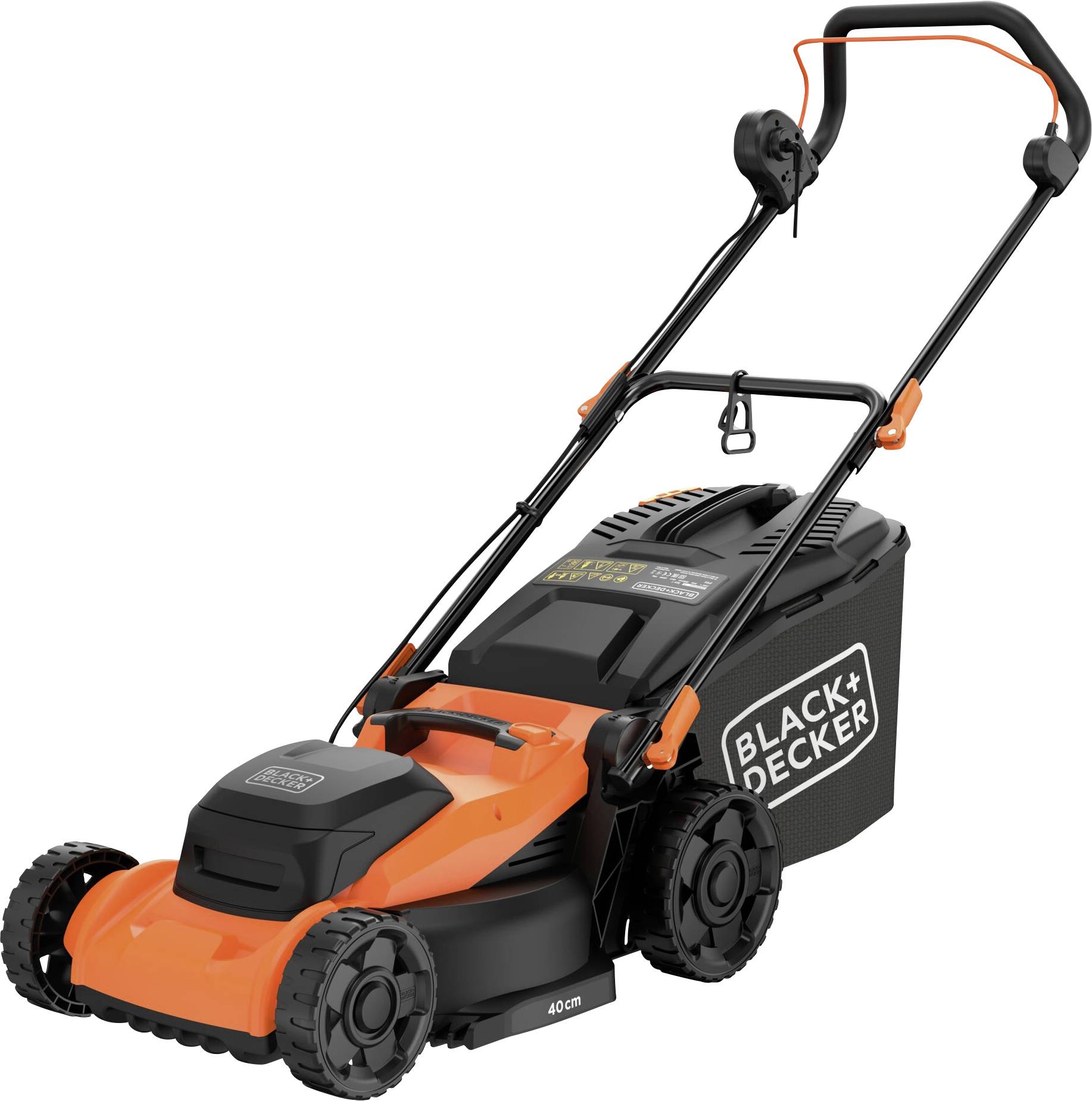 'Black+Decker' orange and black lawn mower with handle, wheels, and grass collection bag. The mower is parked and not in use.